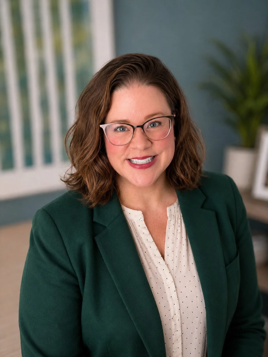 Dr. Sarah Porter smiling in a green blazer in an office