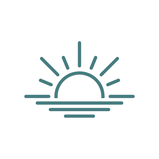 Minimalist sunrise icon with rays above a horizon