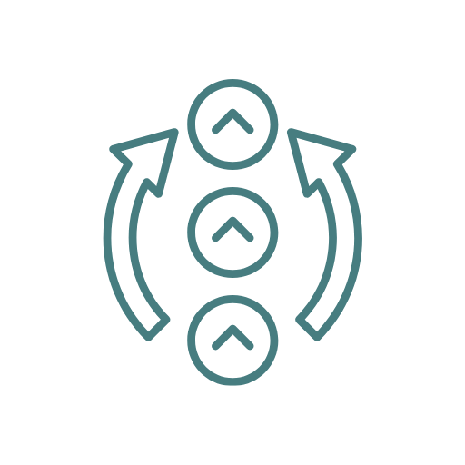 Teal icon showing three upward arrows surrounded by two curved arrows