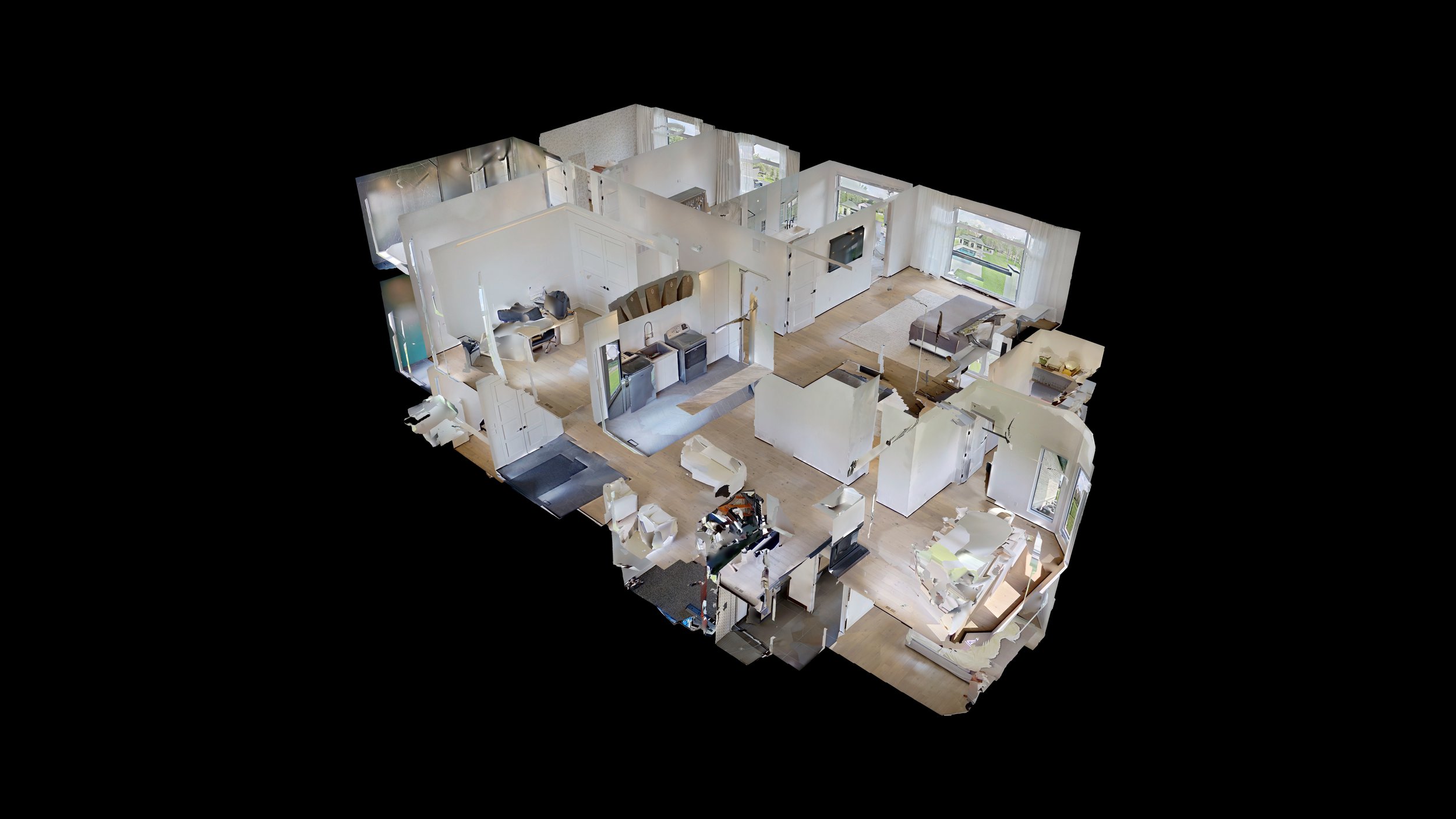 3D rendering of a house interior layout with multiple rooms and furniture.