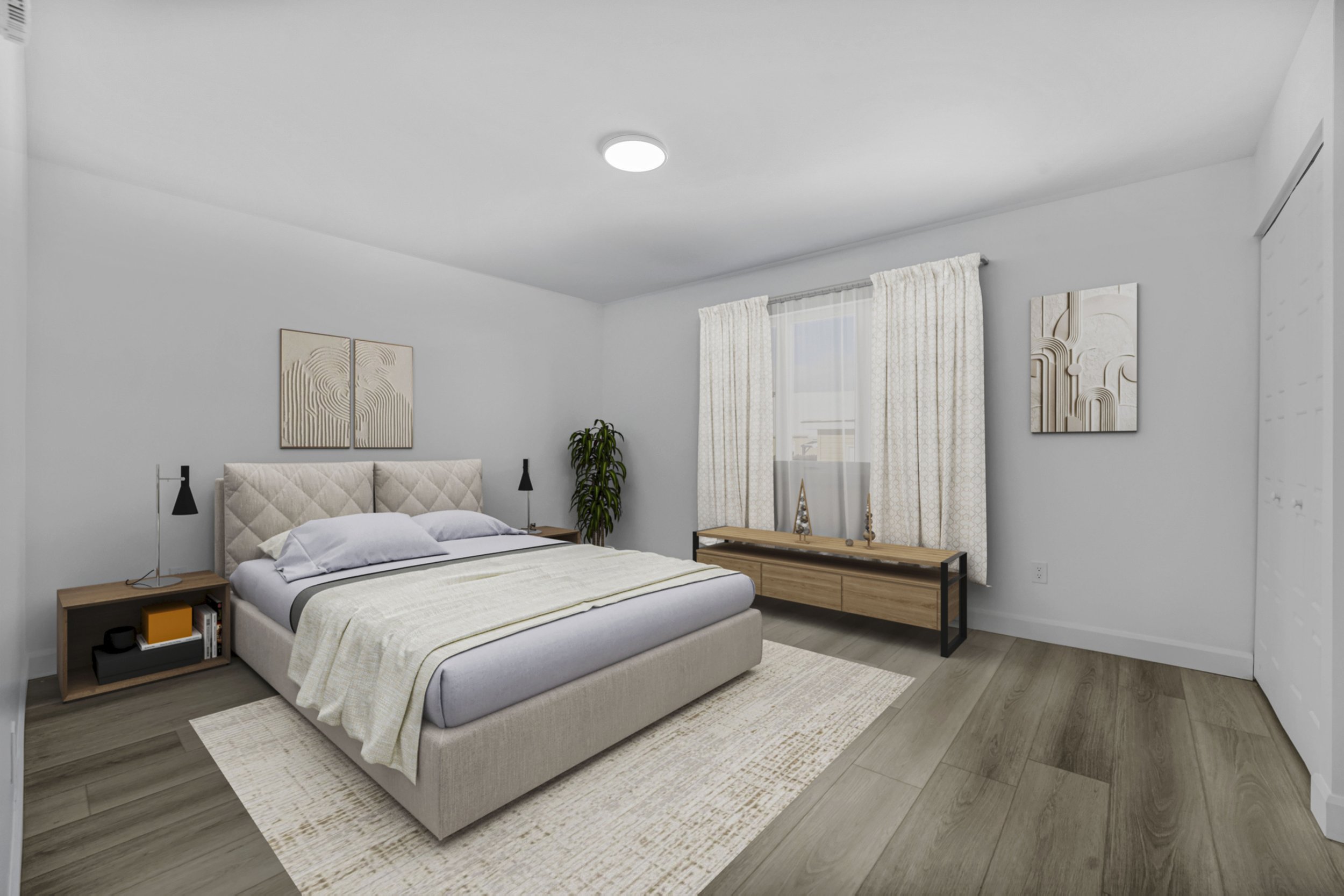 Ottawa Real Estate Modern bedroom with beige upholstered bed, white bedding, wooden side tables, black lamps, artwork above the bed, a window with white curtains, a wooden dresser with decor, a green indoor plant, and a light-colored area rug.