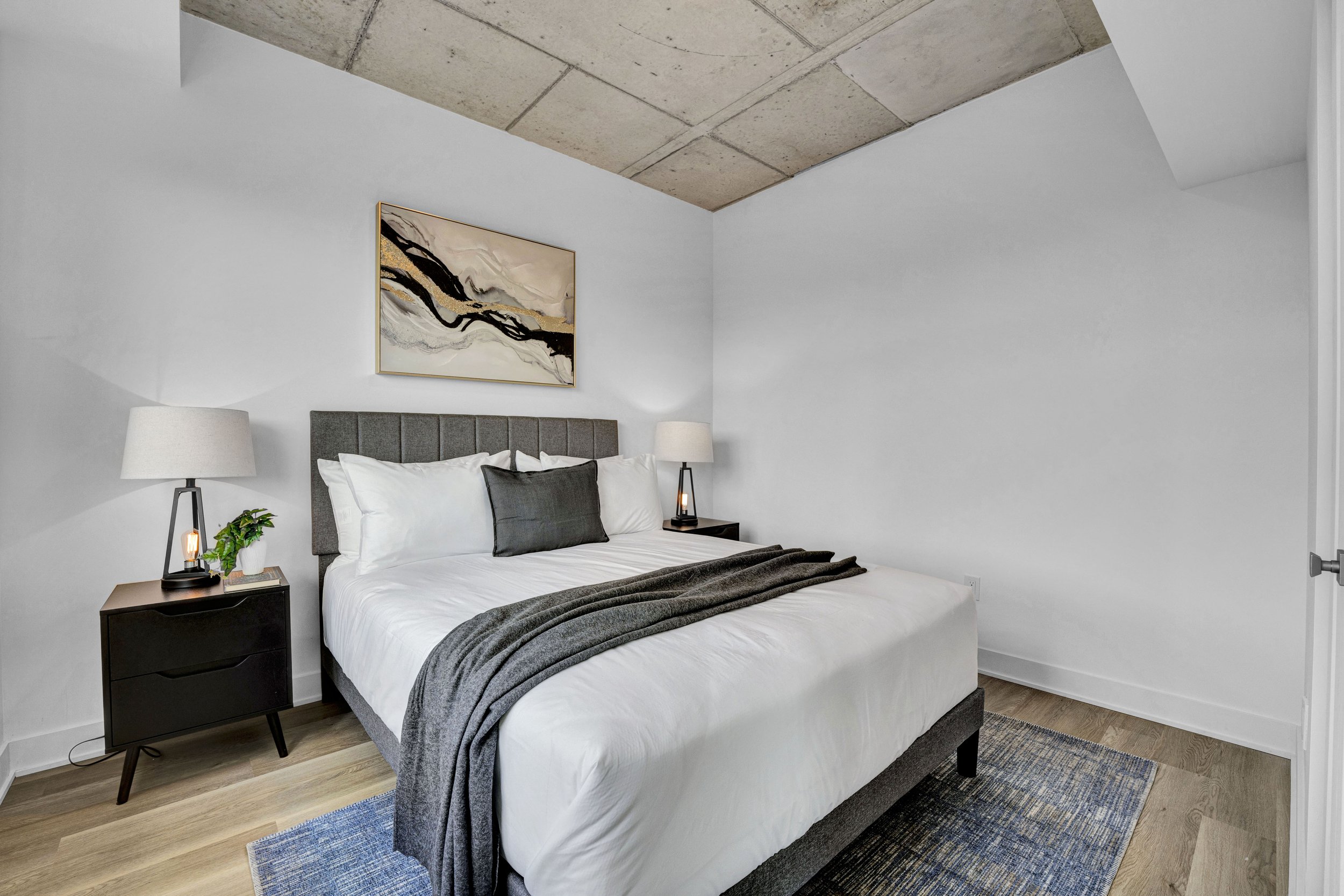 Ottawa Real Estate NVISION 3D  A bedroom with a bed, two bedside tables with lamps, a framed abstract artwork above the bed, a small green plant, and a blue rug on a hardwood floor.