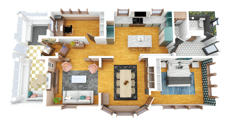 3D apartment floor plan showing the kitchen, living area, bedroom and home office