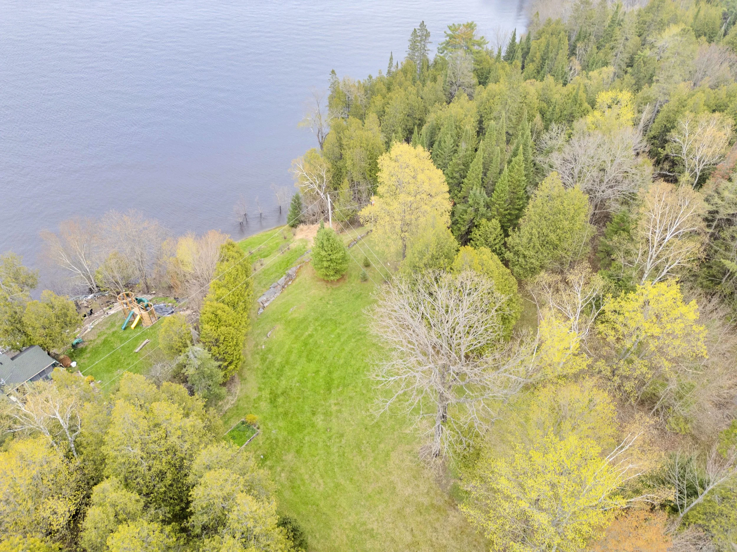 Ottawa Real Estate Media Services  Aerial view of a lake surrounded by a dense mix of green and some yellow-leaved trees, with a small grassy area and a playground near the water's edge.