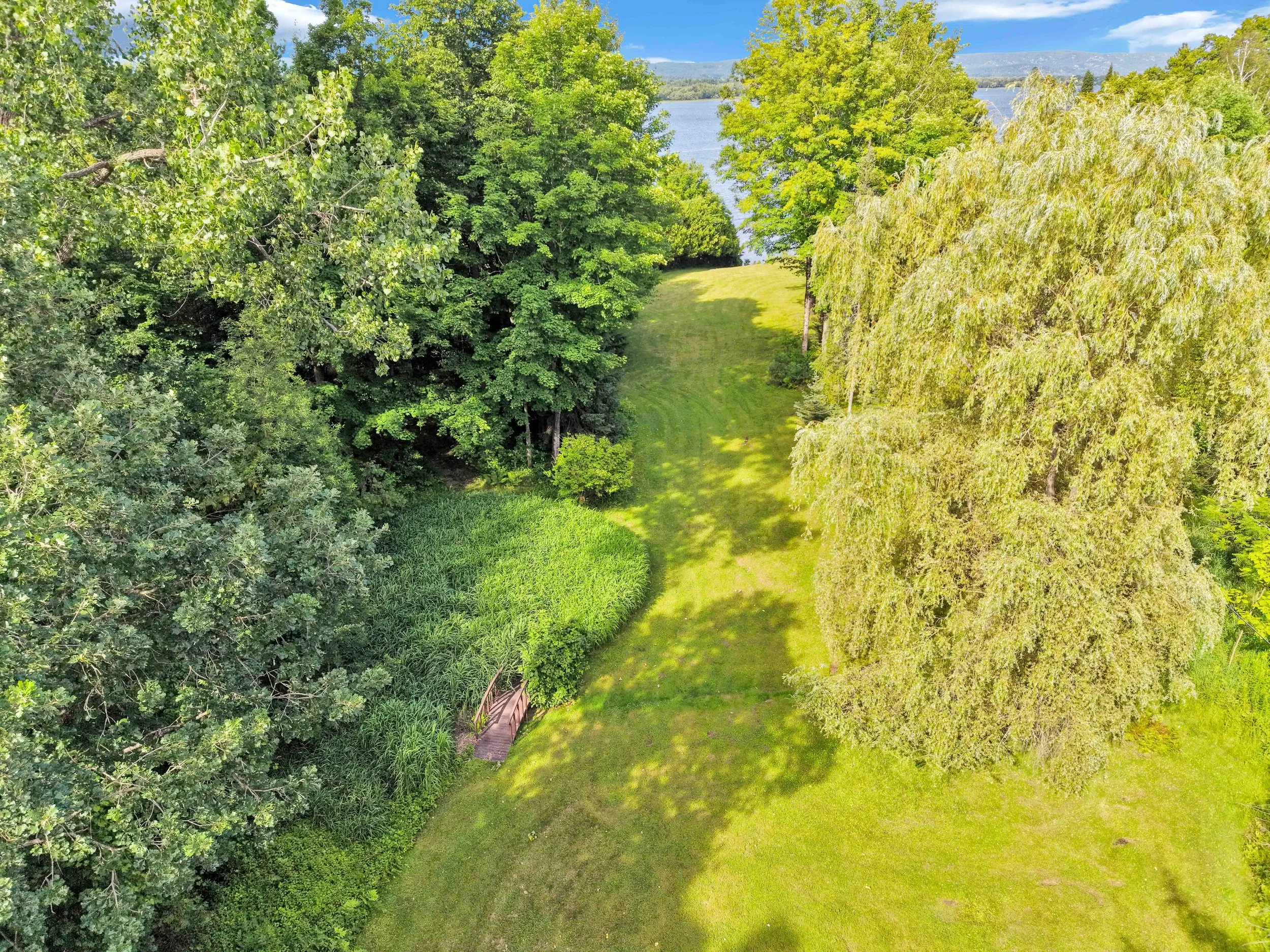 NVISION 3D Real Estate Media  Aerial view of a landscaped green area near a body of water with trees and a small wooden bridge.