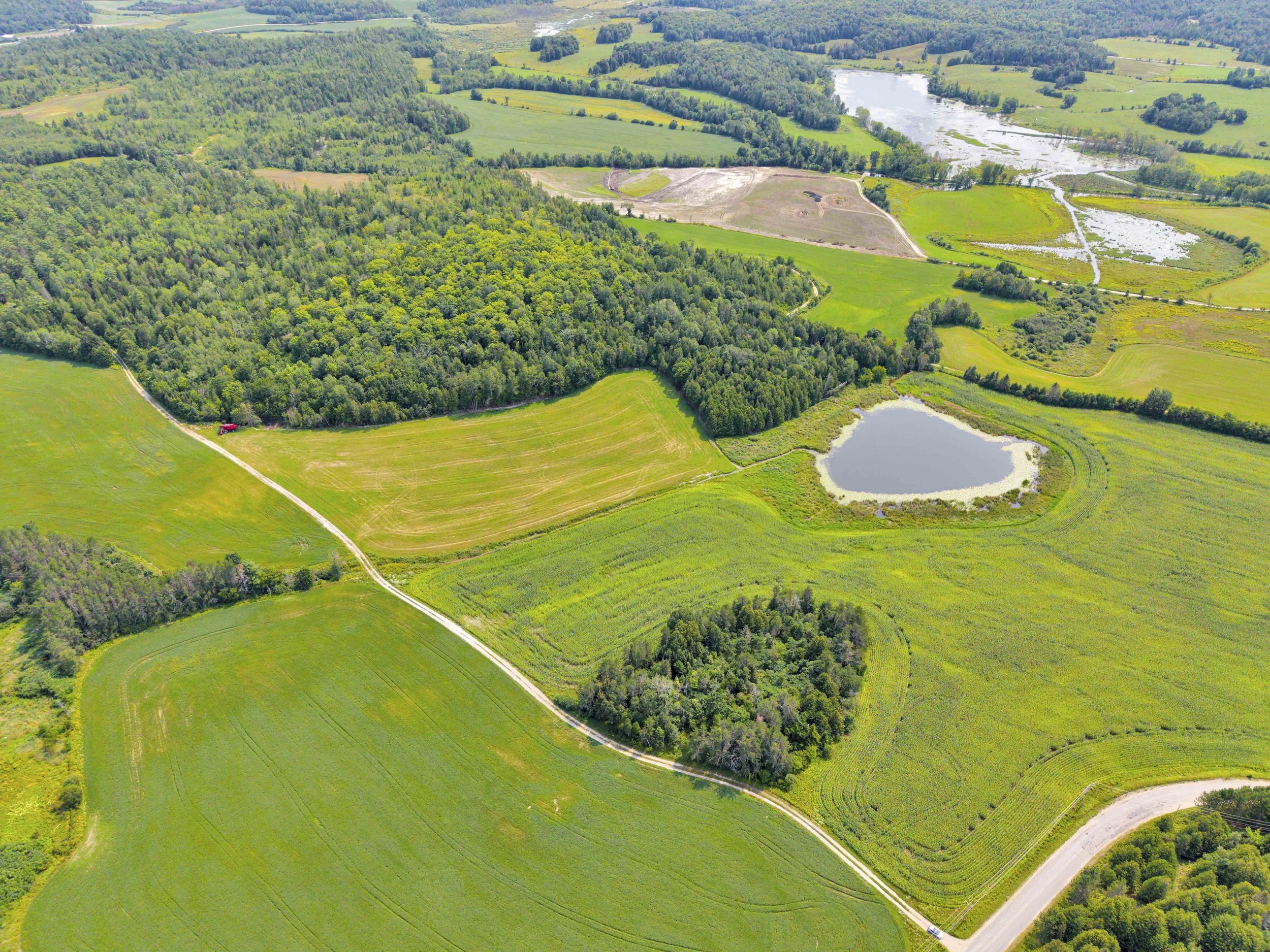Aerial view of a rural landscape with forests, fields, a river, and a pond.