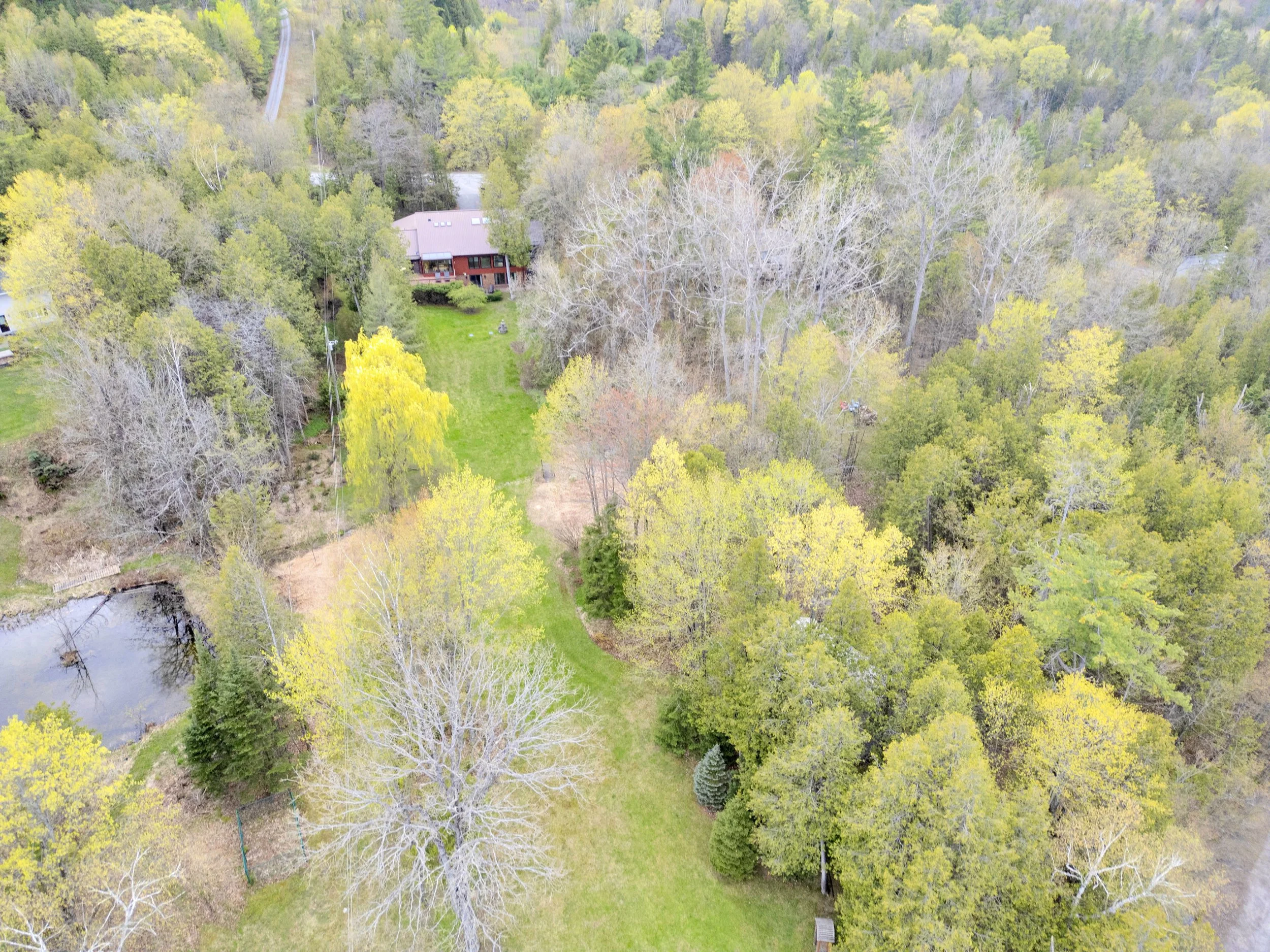 Ottawa Real Estate Media ServAn aerial view of a green backyard surrounded by trees with mostly spring foliage, a pond on the lower left, and a nearby house with a reddish-brown roof. The landscape includes a variety of deciduous and evergreen trees.