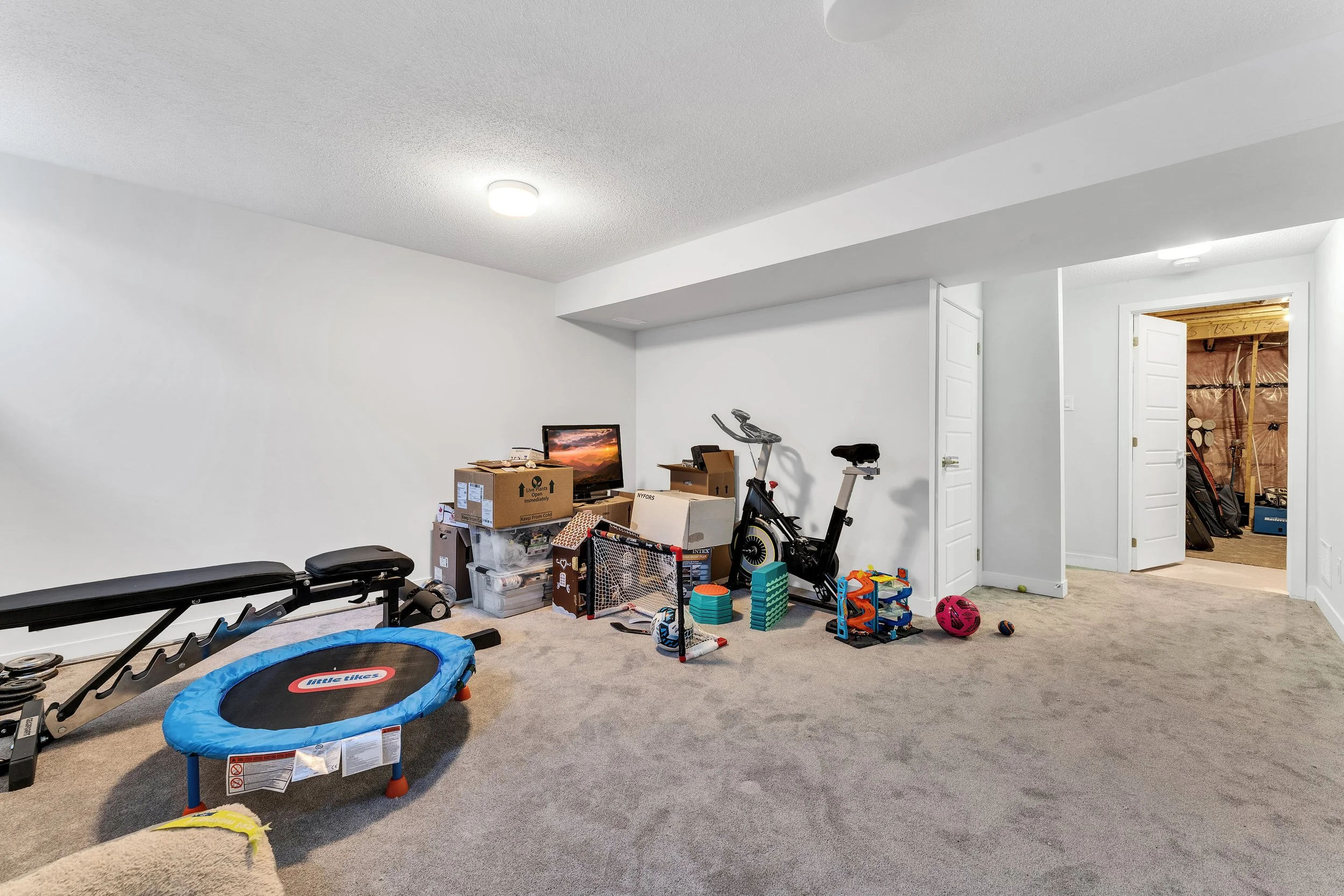 A cluttered basement room with a beige carpet, white walls, and a white ceiling. There is a black workout bench with a small trampoline in front of it. Near the center, there are boxes, a small TV, and an exercise bike. To the right, there are doors,