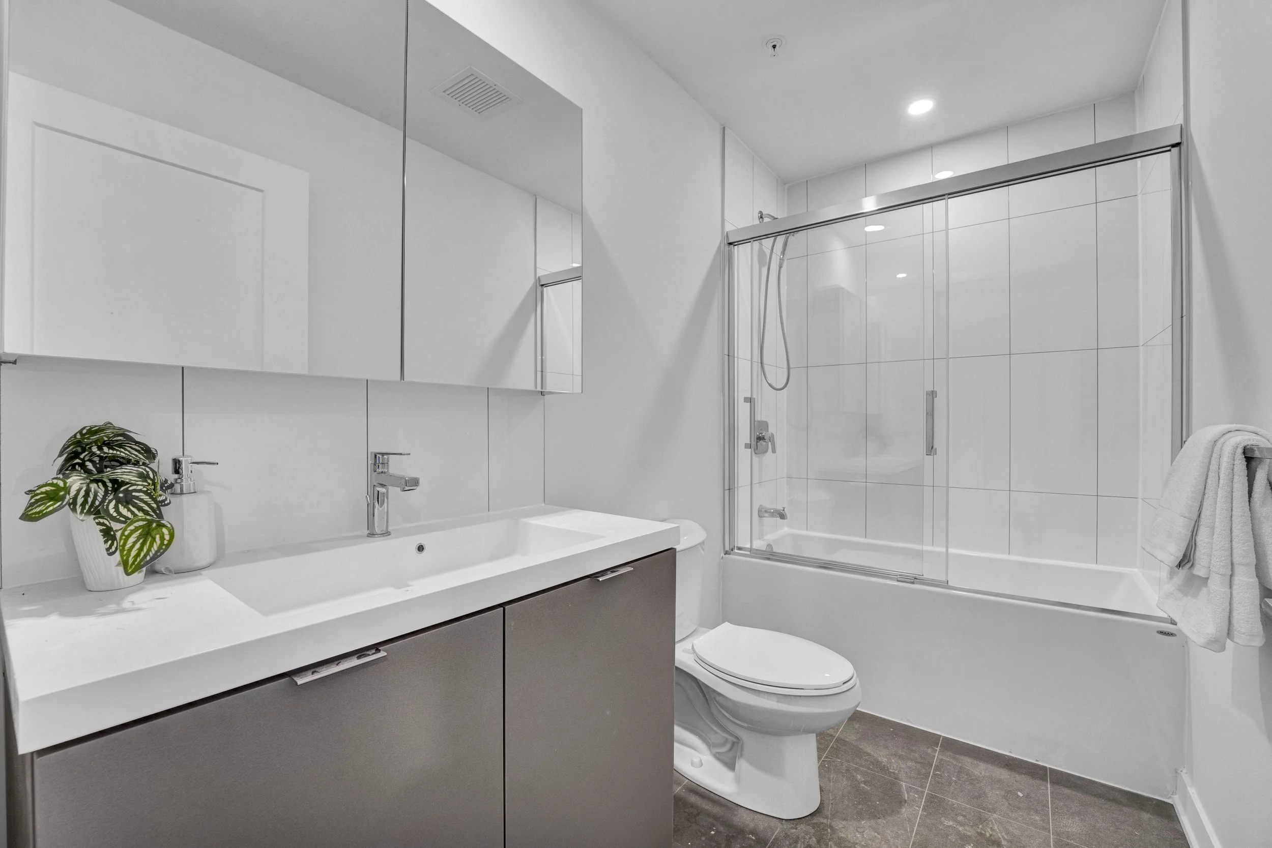 Ottawa Real Estate Photographer A modern white bathroom with a sink, a mirror cabinet, a toilet, and a glass-enclosed shower. There is a potted plant on the sink and a towel hanging on a rail.