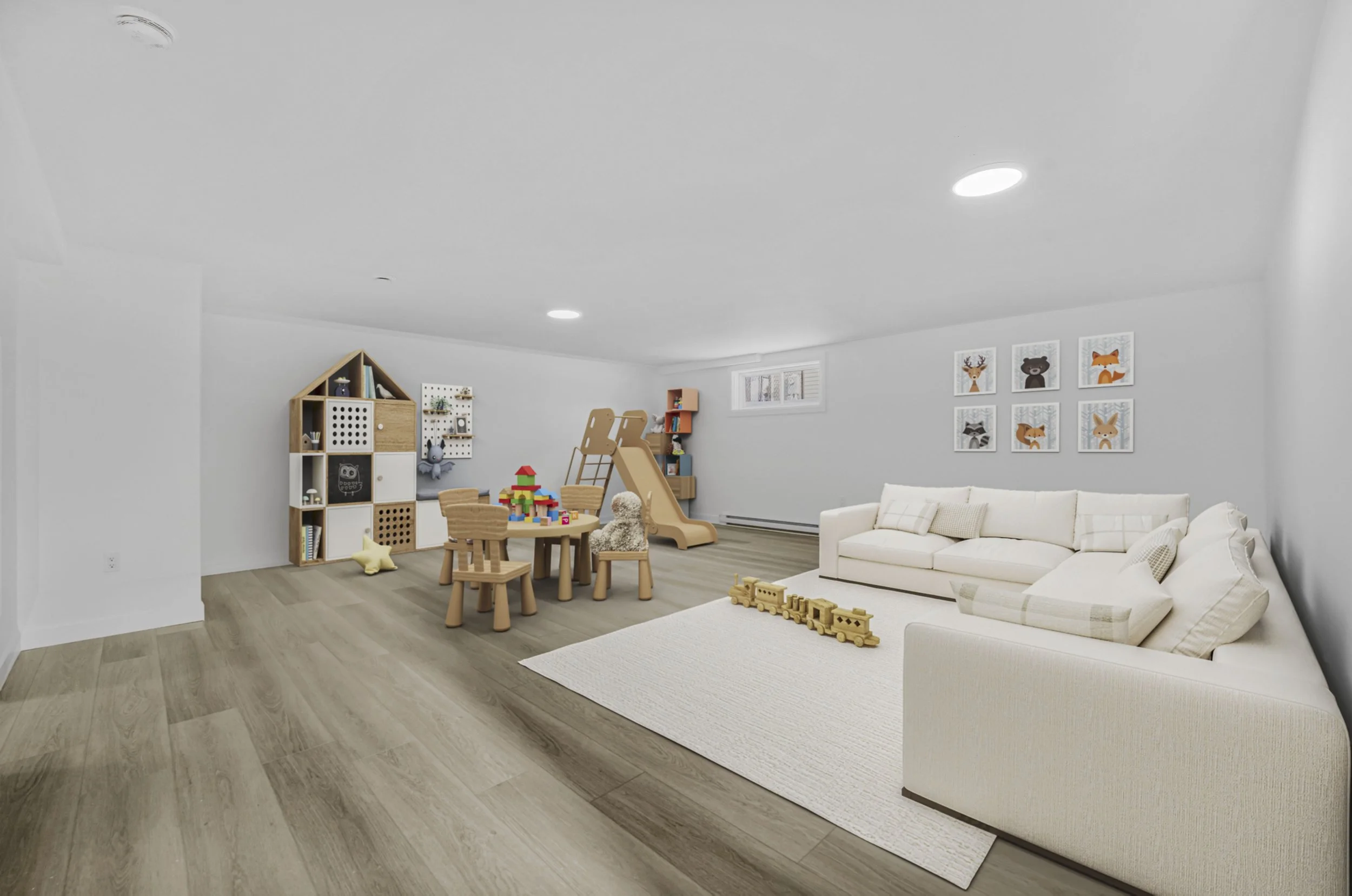 A spacious basement with white walls, wooden flooring, and a large white sectional sofa. There is a white area rug with wooden toy train, a play area with a small round table, wooden chairs, and a slide. The walls are decorated with framed animal art