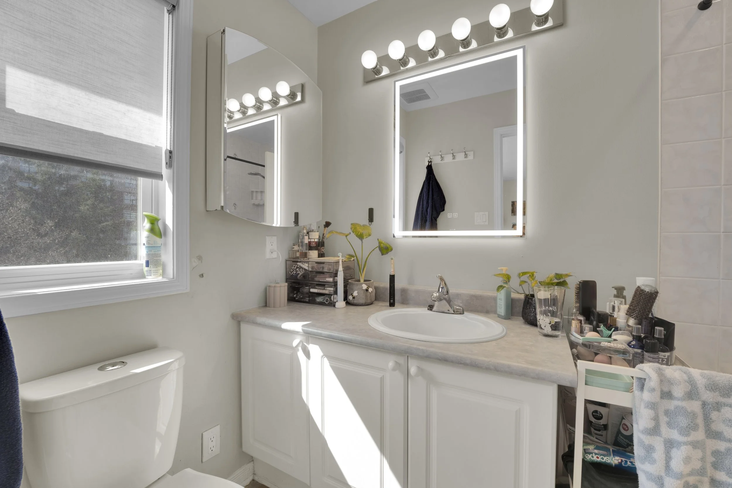 NVISION3D.ca Real Estate Media Ottawa  A bathroom with a window, a large illuminated mirror, a sink with various toiletries, and a toiler. There are plants and a small storage unit on the countertop, and a towel hanging on a hook.