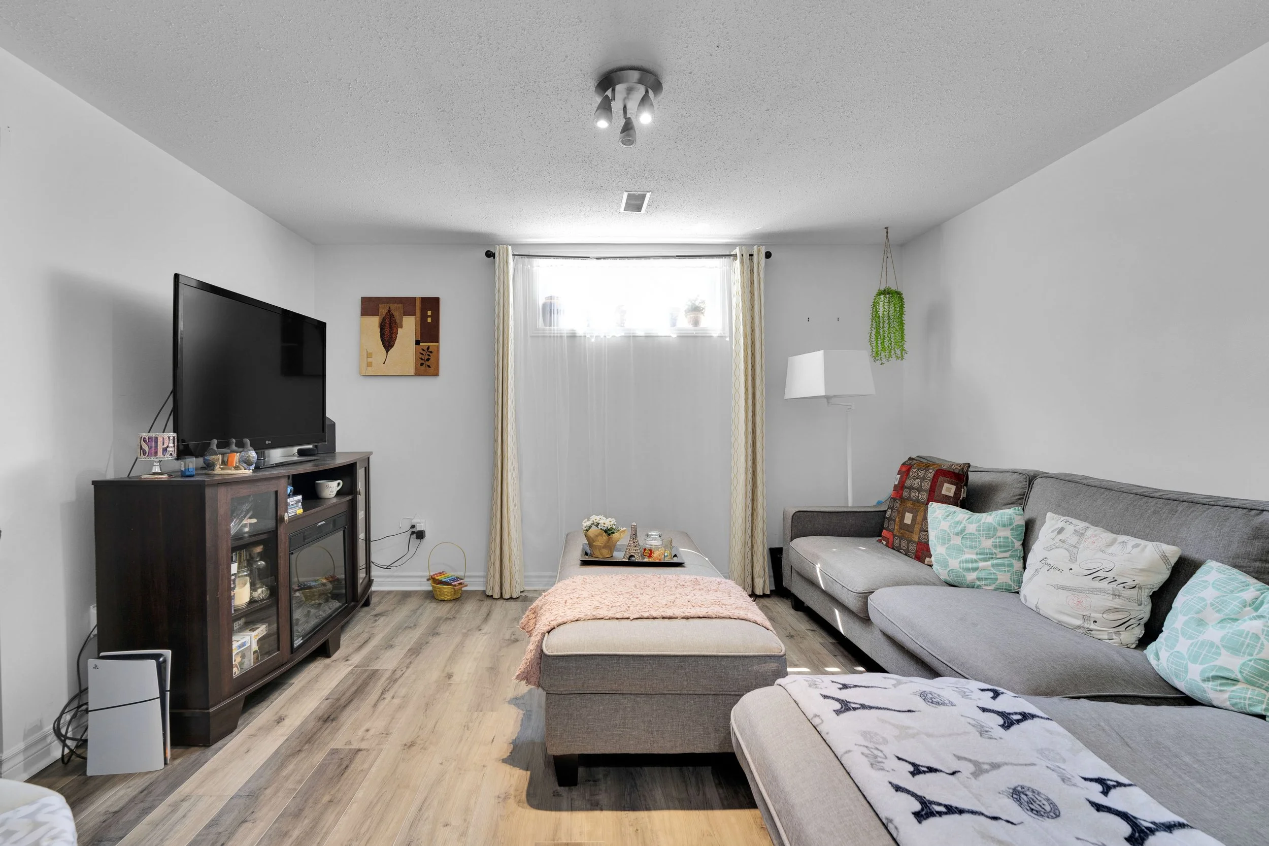A living room with a gray couch decorated with pillows, a set of windows with curtains, a wooden TV stand with a flat-screen TV, a small table with a tray, and decorative wall art. There is a hanging plant and a standing lamp, and the floor has wood 