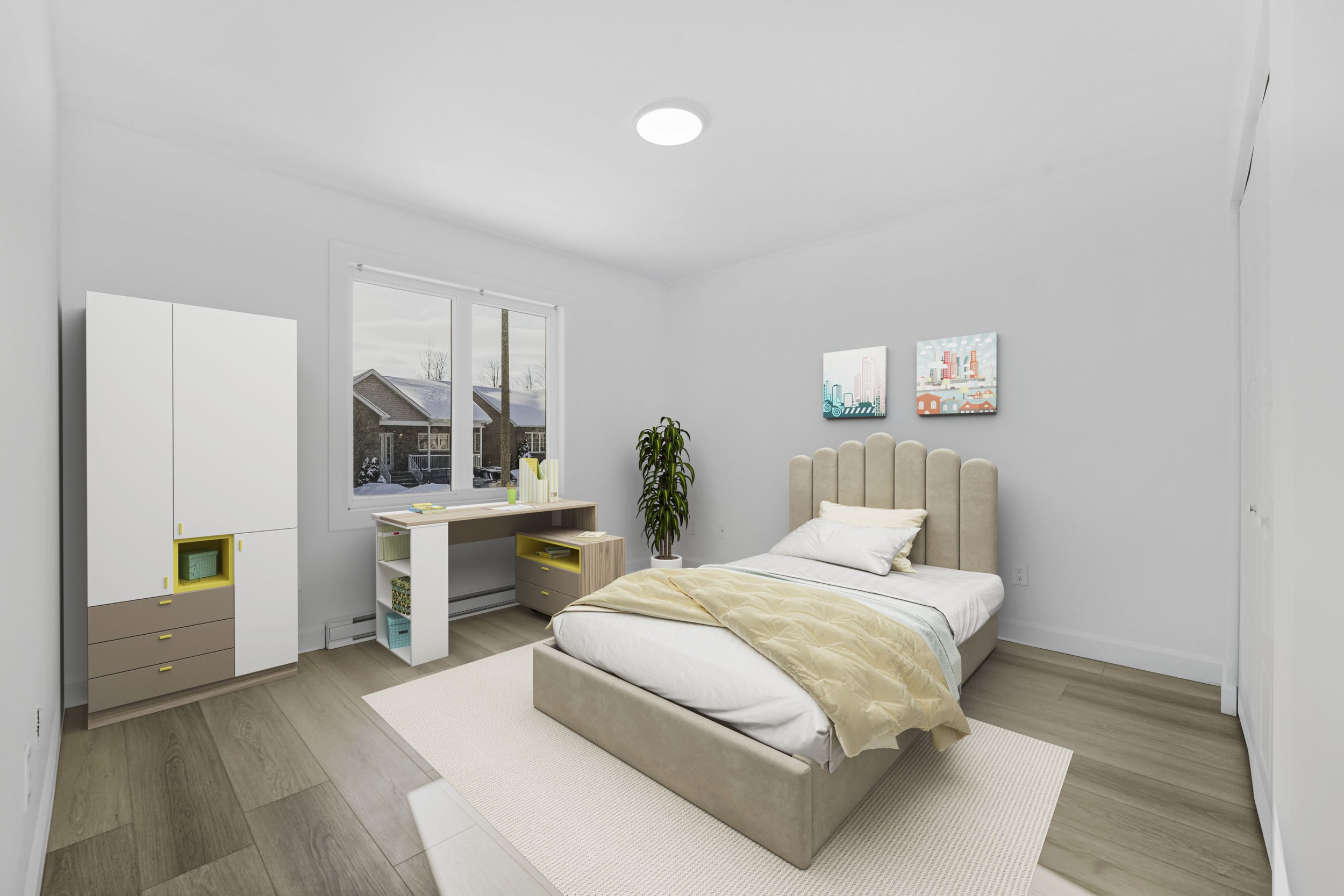 Ottawa Real Estate Development Photography  A bedroom with a bed, nightstand, wardrobe, window, and wall art, with a house and trees seen outside.