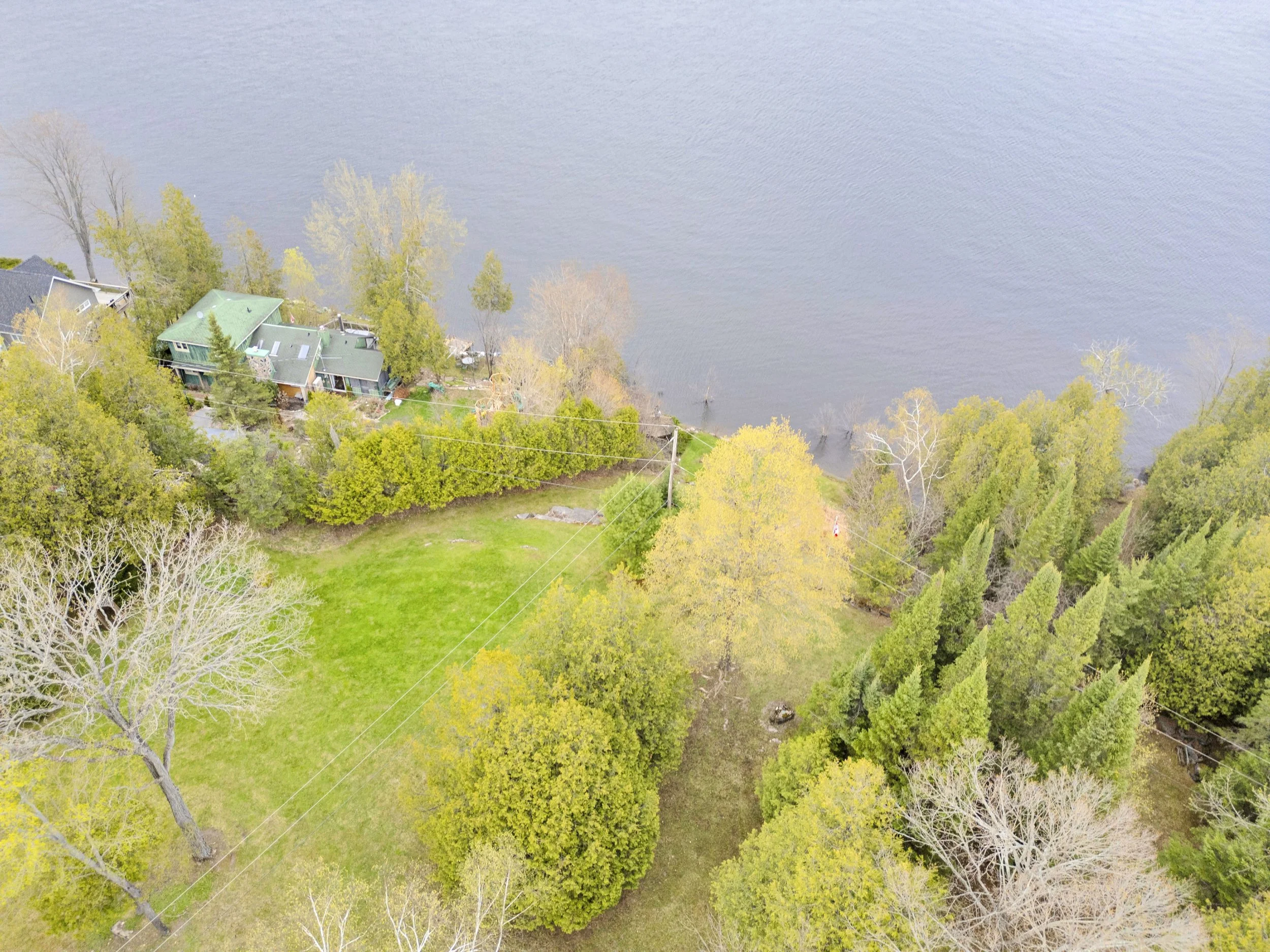 Ottawa Real Estate Media Services  Aerial view of a house with a green roof surrounded by trees and greenery near a large body of water.