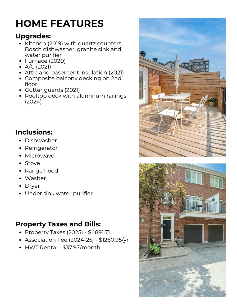 Feature sheet page with a rooftop terrace, exterior photograph and list of home features