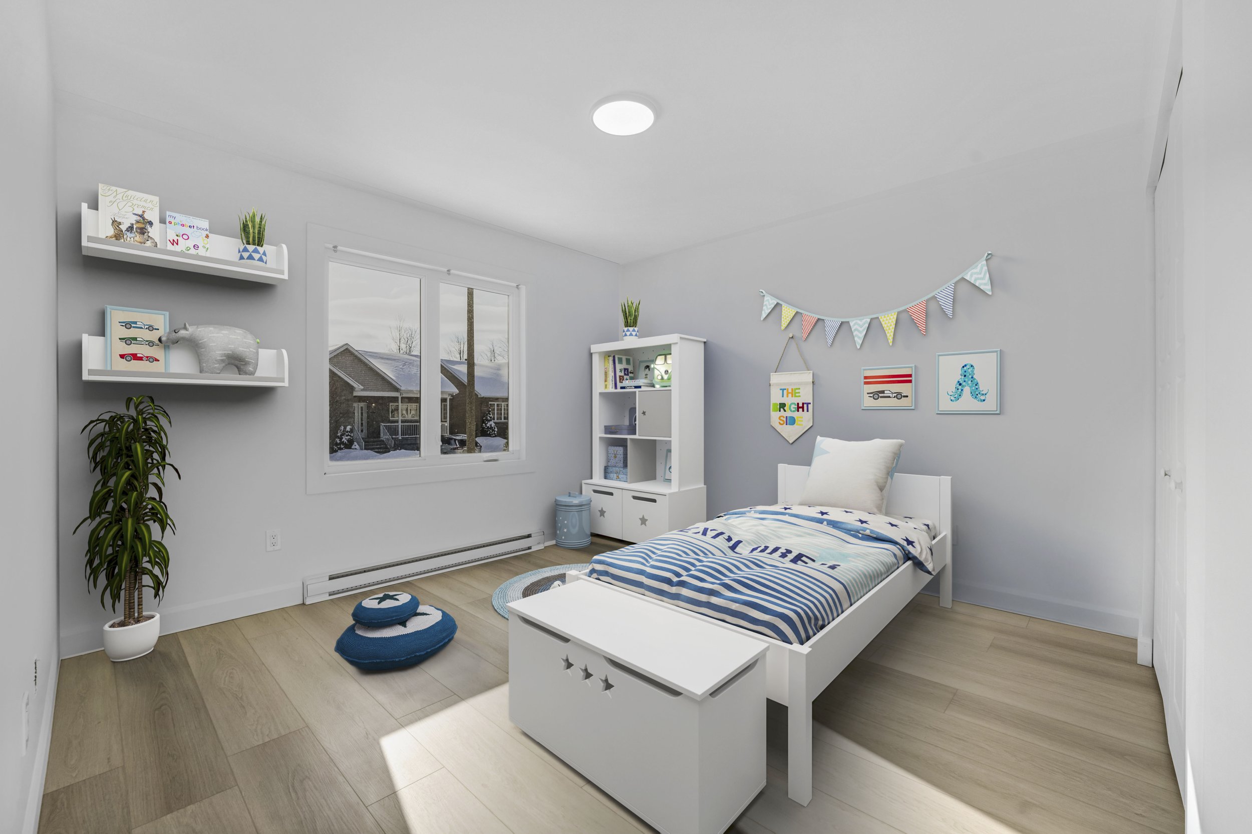 photographie immobiliere outaouais A child's bedroom with a white bed, blue and white striped bedding, wall decorations, a white bookshelf, window with a view of houses outside, and light wood floors.