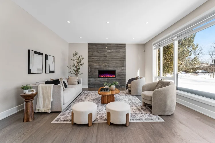 Living room overlooking a winter landscape photographed by NVISION 3D