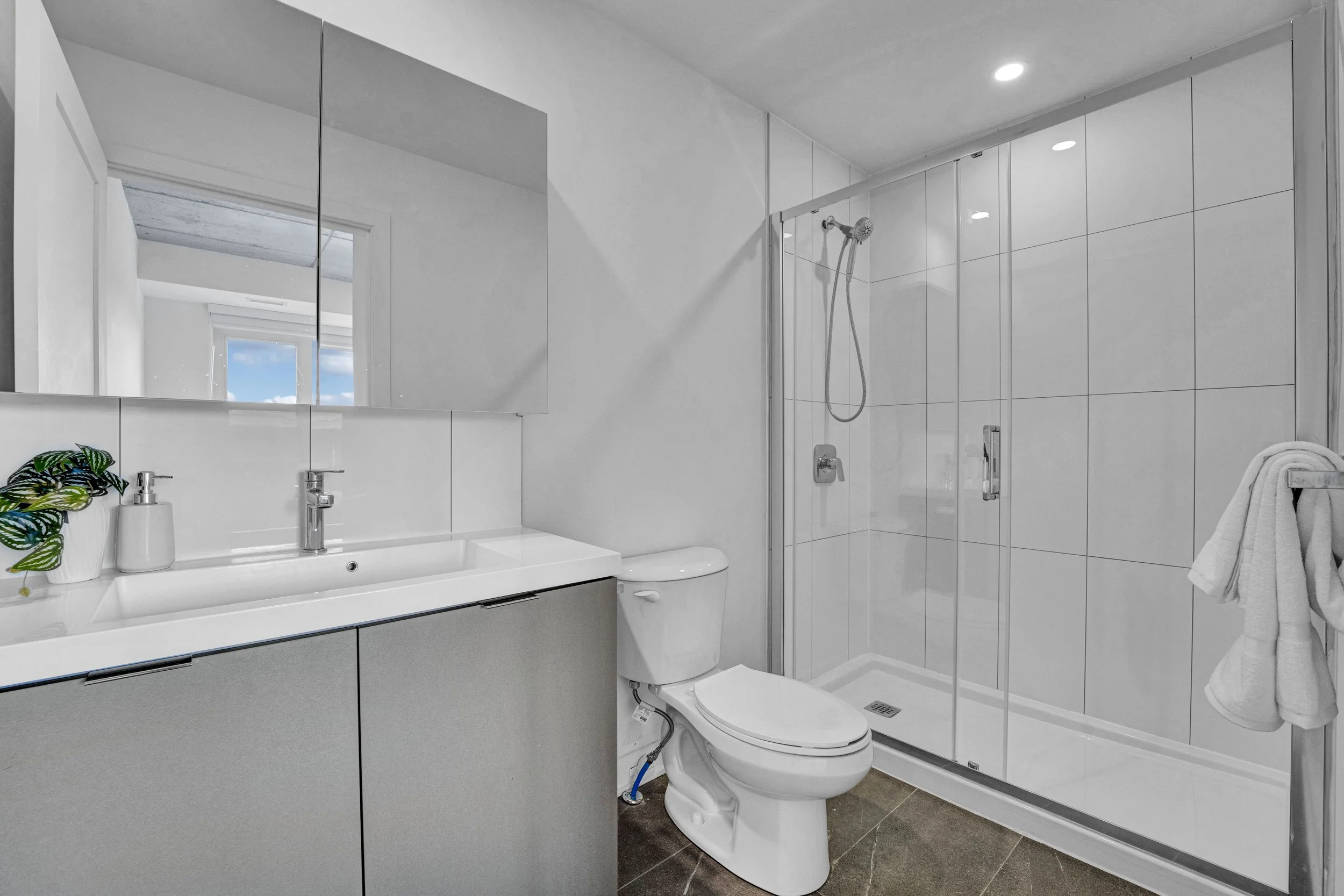 Ottawa Real Estate NVISION 3D  Modern bathroom with a white double sink vanity, large mirror, white toilet, and a glass-enclosed shower with a handheld shower head. There is a towel hanging on a hook and a small plant on the vanity.