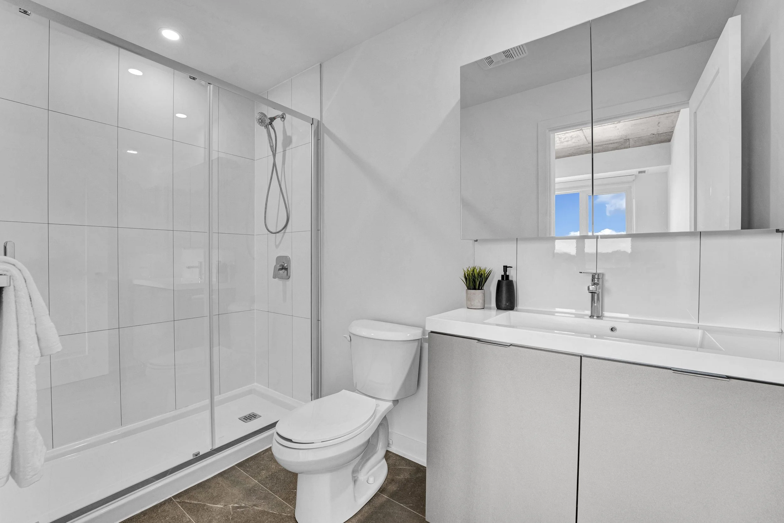 Ottawa Real Estate Photographer Modern bathroom with a walk-in shower with a glass door, a white toilet, a white vanity with a sink, a large mirror, a small plant, and black soap dispenser, with a window showing blue sky and white clouds.