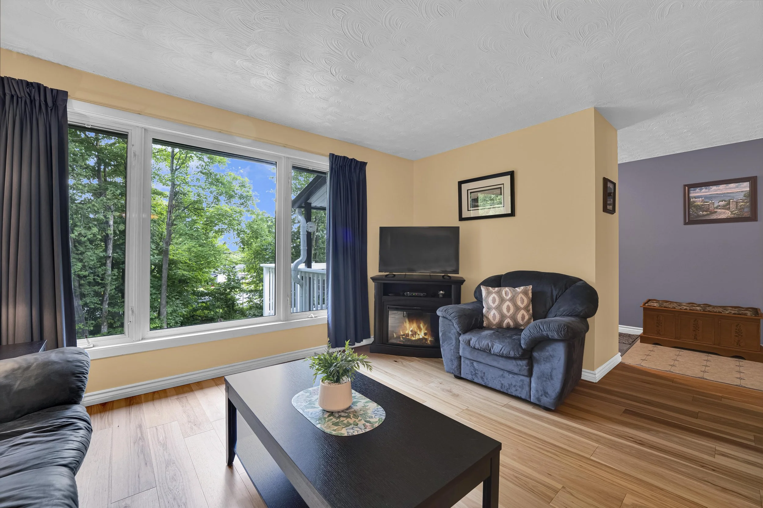 Ottawa Real Estate Photographer Living room with large window showing trees outside, a black fireplace with a picture above, a black armchair with patterned pillow, a dark wood coffee table with a potted plant, and a yellow wall.