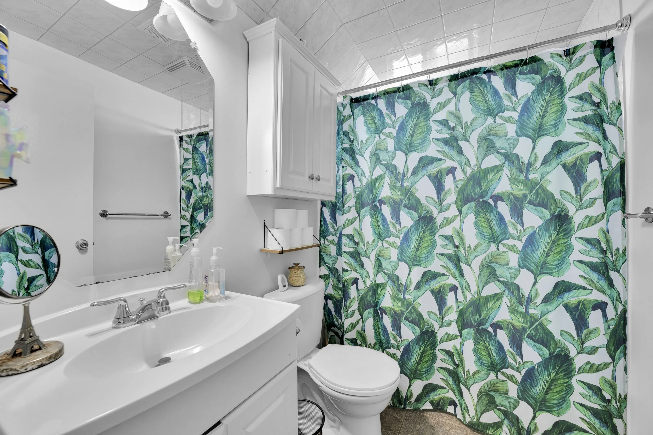 NVISION3D.ca Real Estate Media Ottawa  Bathroom with white sink, mirror, cabinet, and tropical leaf-patterned shower curtain.