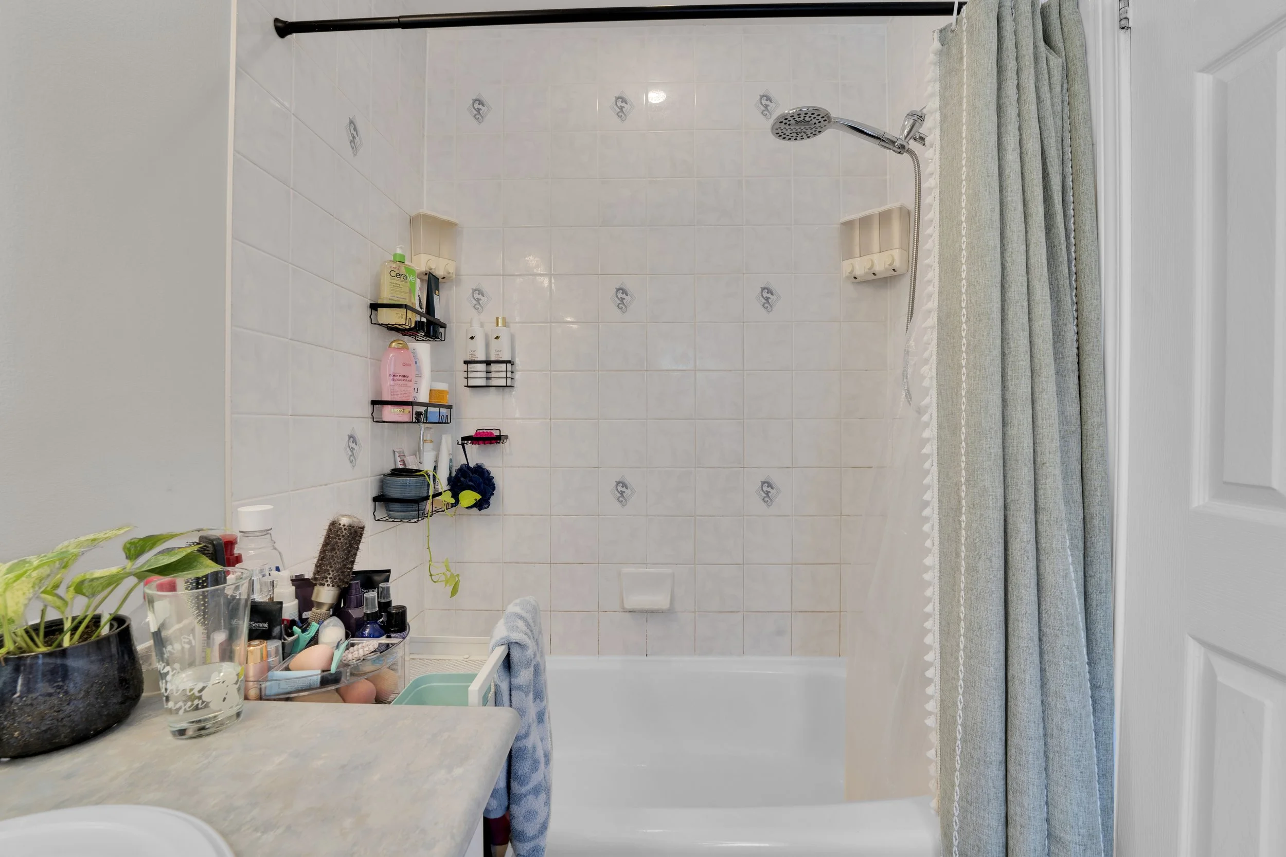 NVISION3D.ca Real Estate Media Ottawa  Bathroom shower with toiletries and a plant on the counter