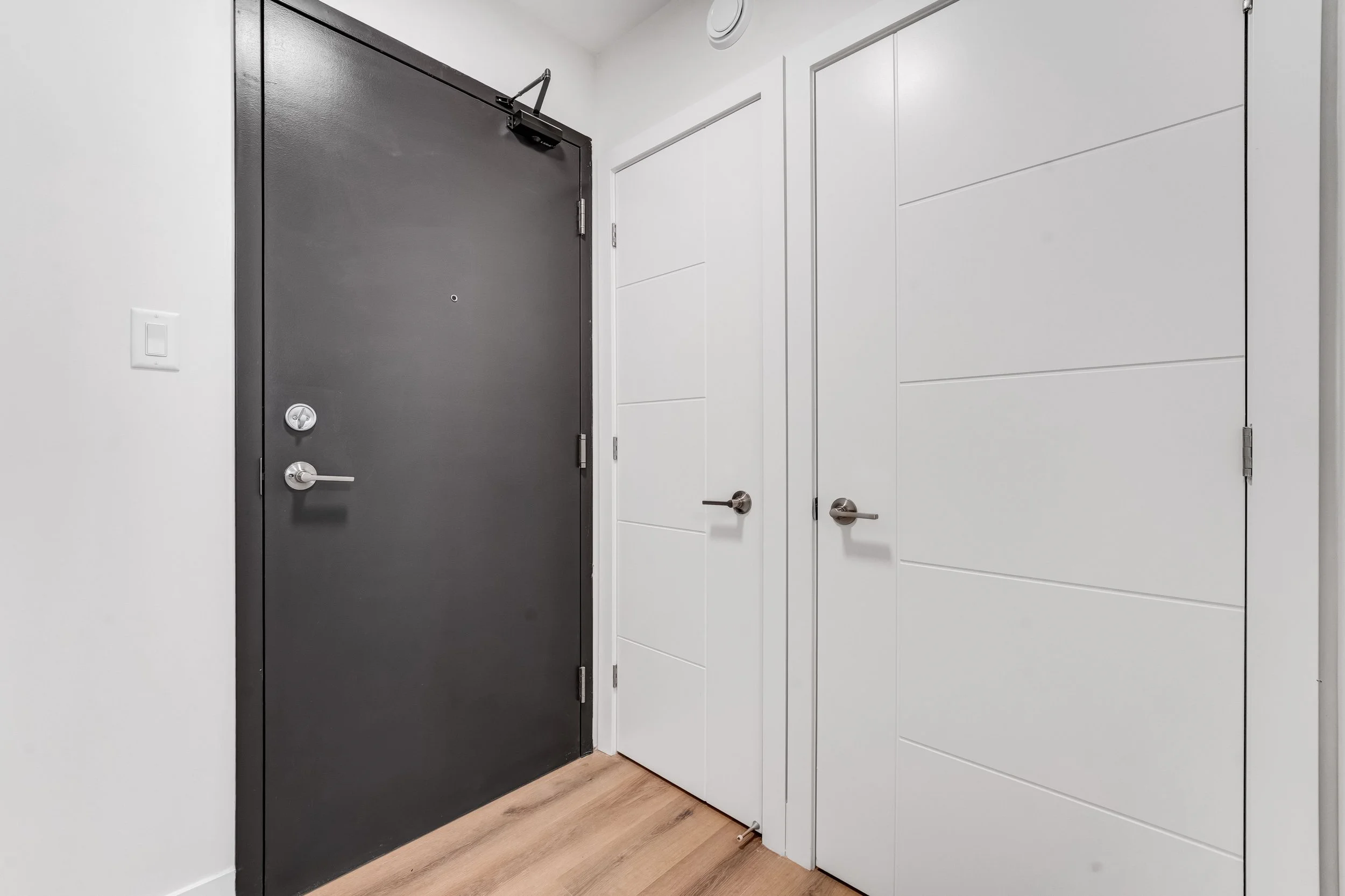 View of an apartment entrance with a black front door, white interior doors, and wooden flooring.