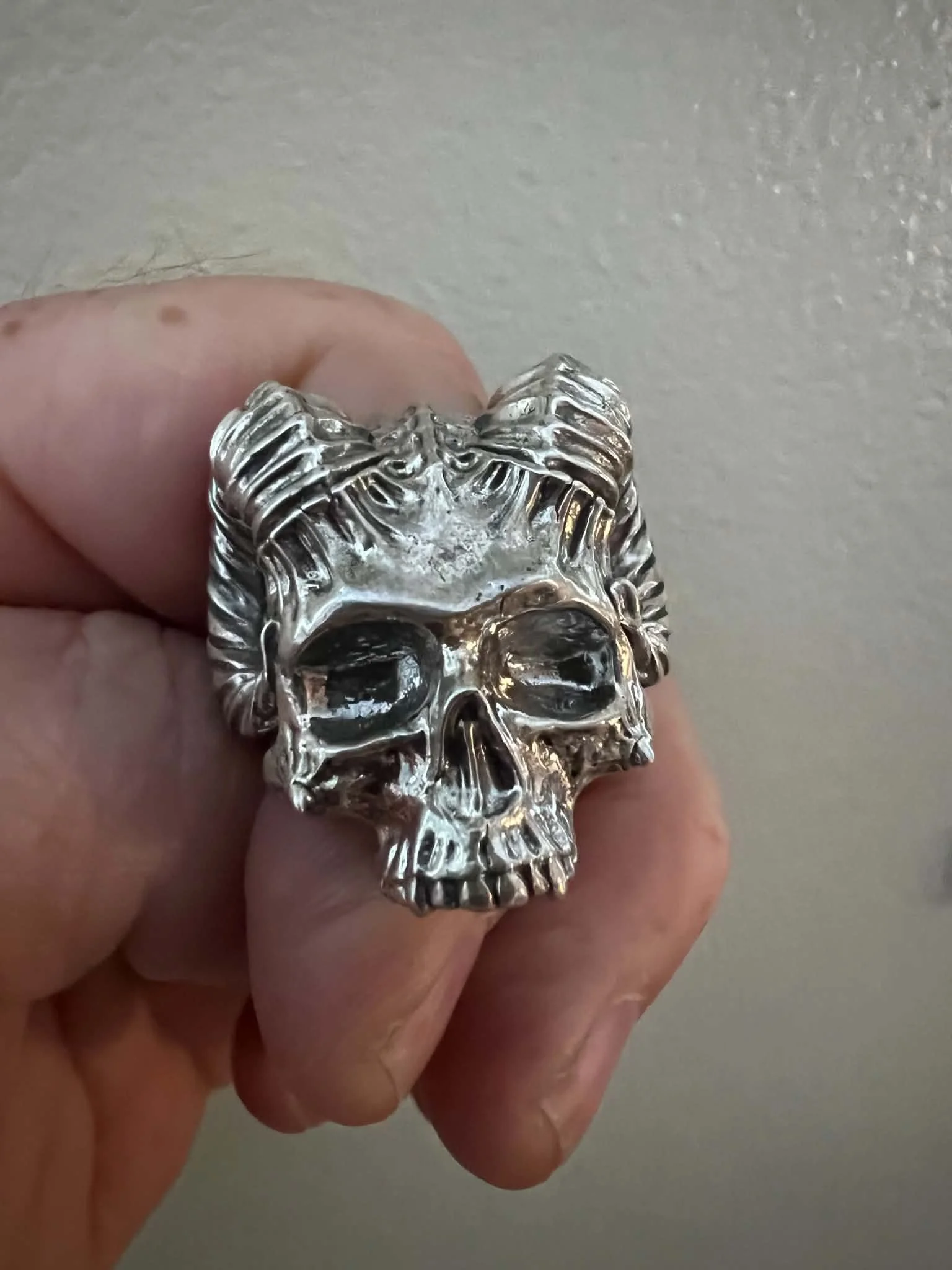 Skull with Rams Horns Sterling Silver Ring