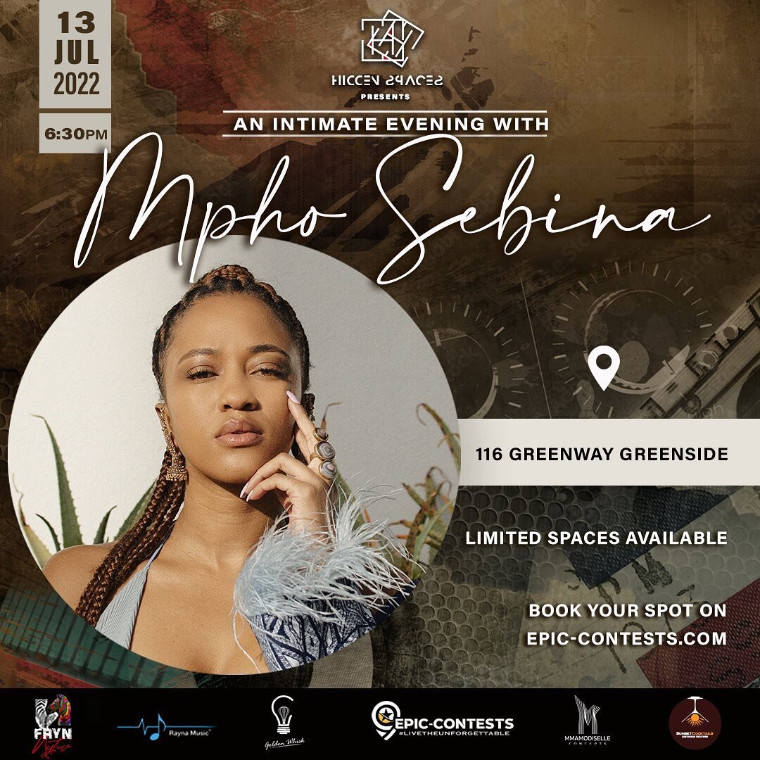 A never before heard intimate show from @mphosebina for Hidden Spaces on 13 July 2022 in Johannesburg.

Limited tickets available. 

Purchase at epic-contests.com