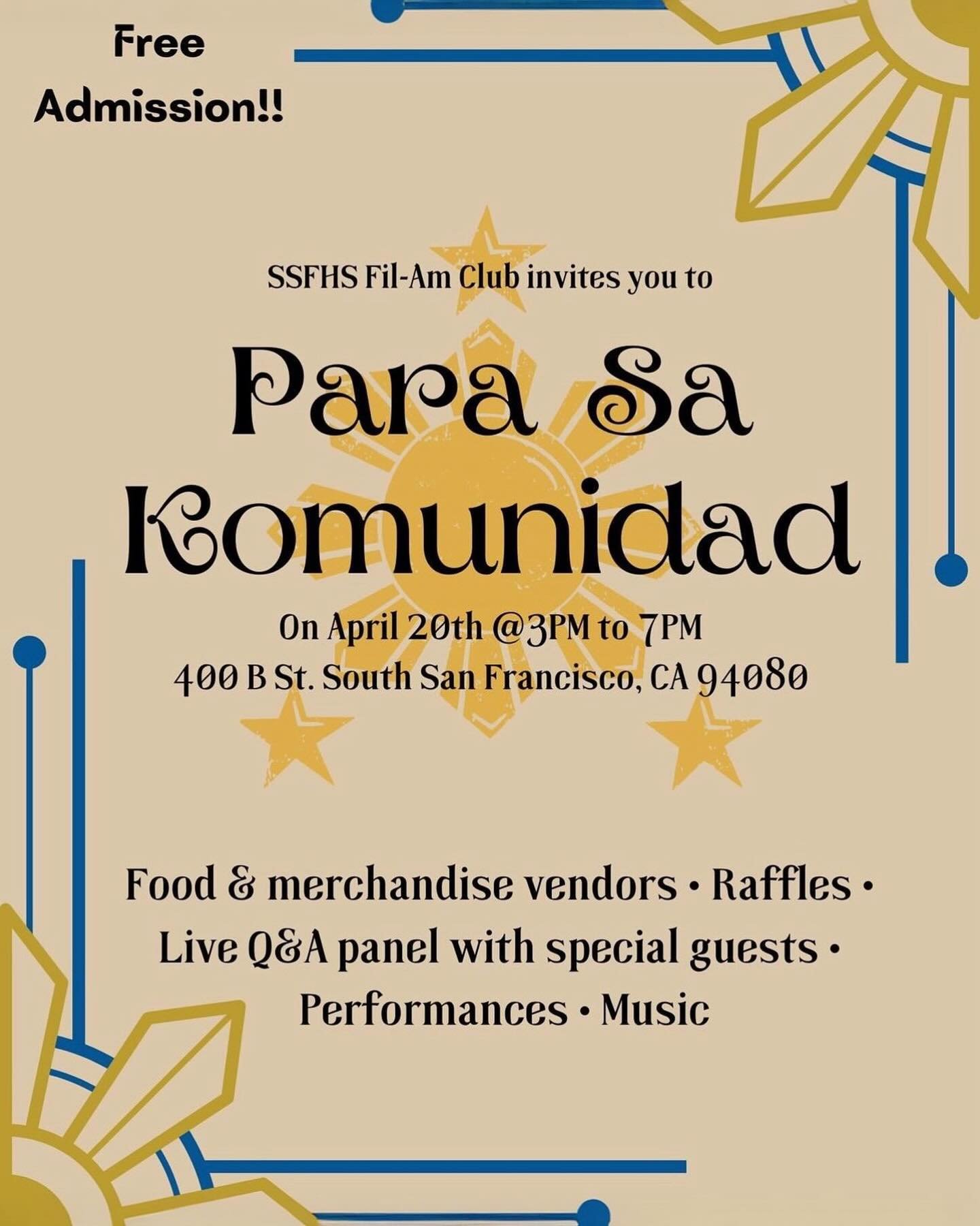 🇵🇭 SOUTH CITY THIS SATURDAY 4/20 ⬇️ 

@ssfhsfilamclub 👉🏽 Guys!!! Announcing&hellip;our amazing Fil-Am Vendor list for our 2nd &ldquo;Para Sa Komunidad&rdquo; Event on Sat. April 20th. Pls. give these local small businesses a 👏🏼 for helping shar