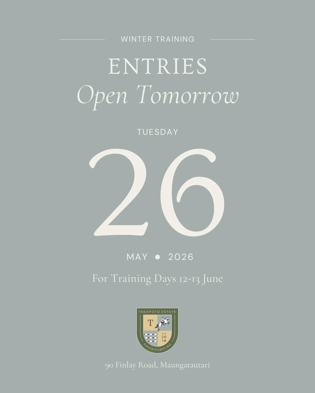 Riders, heads up! Entries open tomorrow via Equipe for the first Training Days of the season here at Takapoto Estate, 12&ndash;13 June.

Entries close Tuesday 9 June (unless full prior).

Head to our website for the schedule and all the details - lin