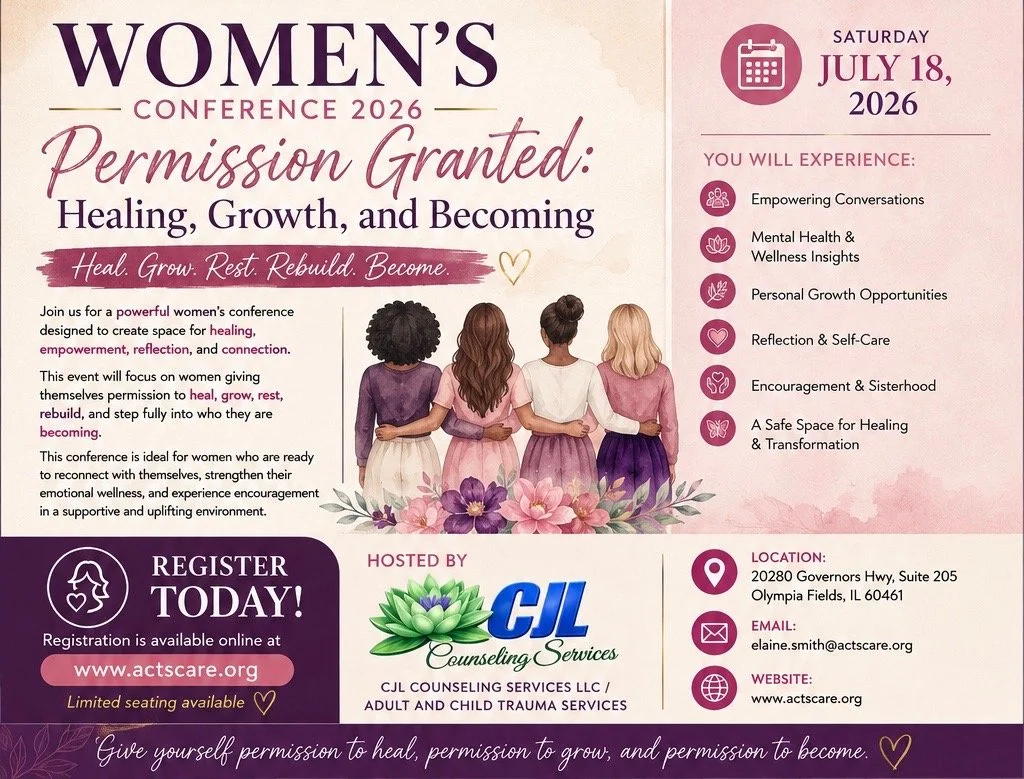 Flyer for Women's Conference 2026 titled 'Permission Granted: Healing, Growth, and Becoming' on July 18, 2026. Features an illustration of four women from behind with arm around each other, floral decorations, and event details including location, email, website, schedule topics, and hosted by CJL Counseling Services.