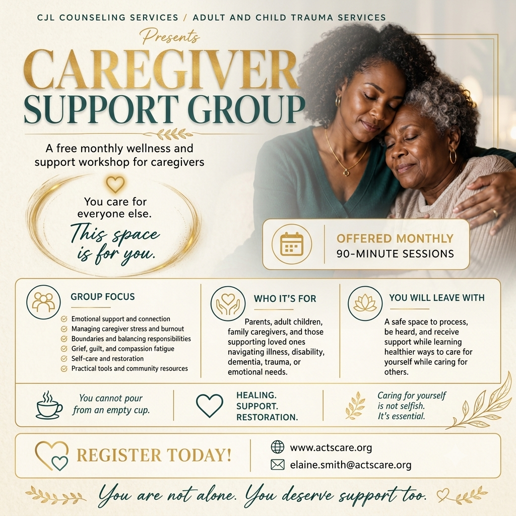 Flyer advertising a caregiver support group. It offers free monthly 90-minute workshops for caregivers, focusing on emotional support, managing stress, boundaries, grief, self-care, and practical resources. The flyer features a photo of two women embracing, one elderly and one younger, and includes contact information, the website actscare.org, and email elaine.smith@actscare.org.