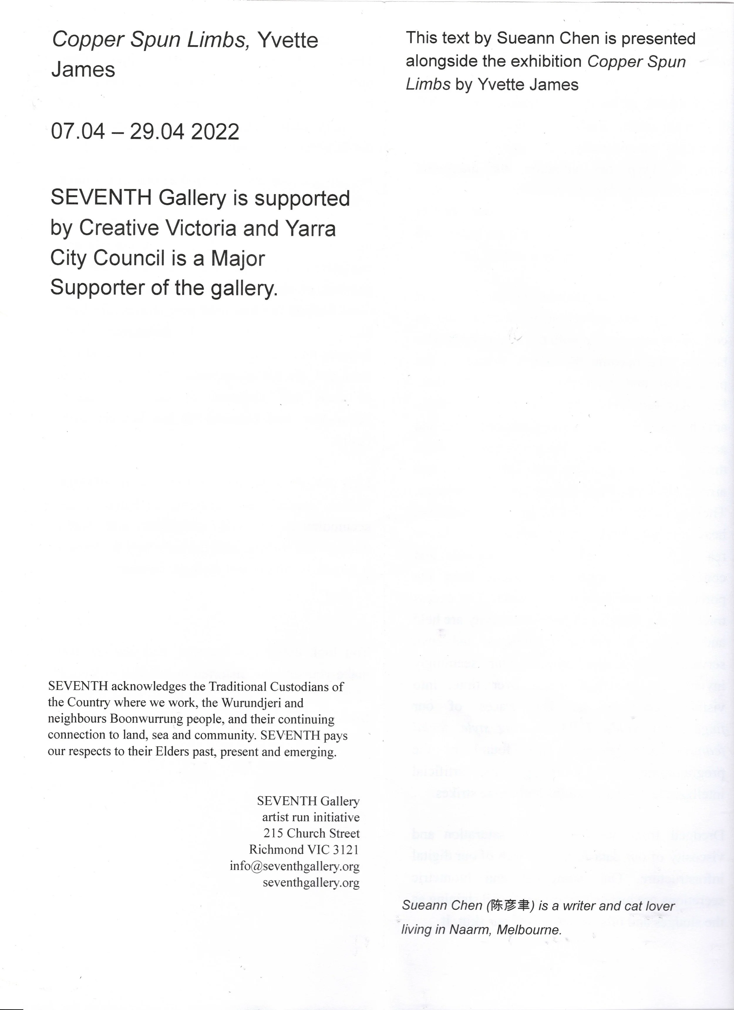 Exhibition Text : “Copper Spun Limbs”, Yvette James exhibited at SEVENTH Gallery 2022