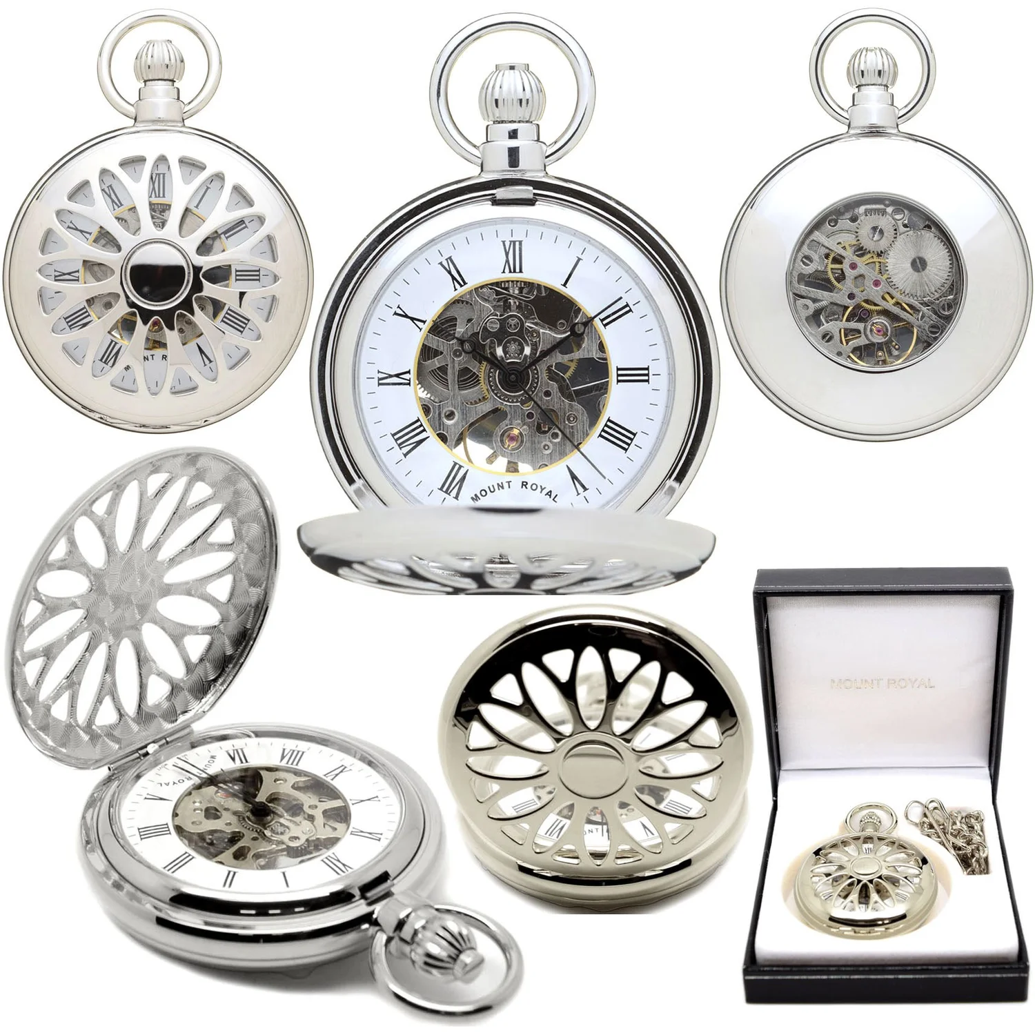 Mount Royal Half Hunter 'Deco Flower' Skeleton Pocket Watch Chrome Plated  (B39) — Harrison Simmonds