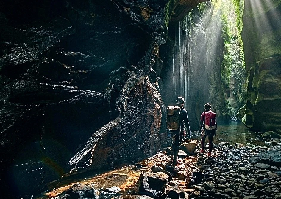 Canyoners pick their way over boulders as sunbeams and a fine waterfall spill through a slot in the fern-draped canyon walls. Claustral Canyon, Blue Mountains National Park, NSW.