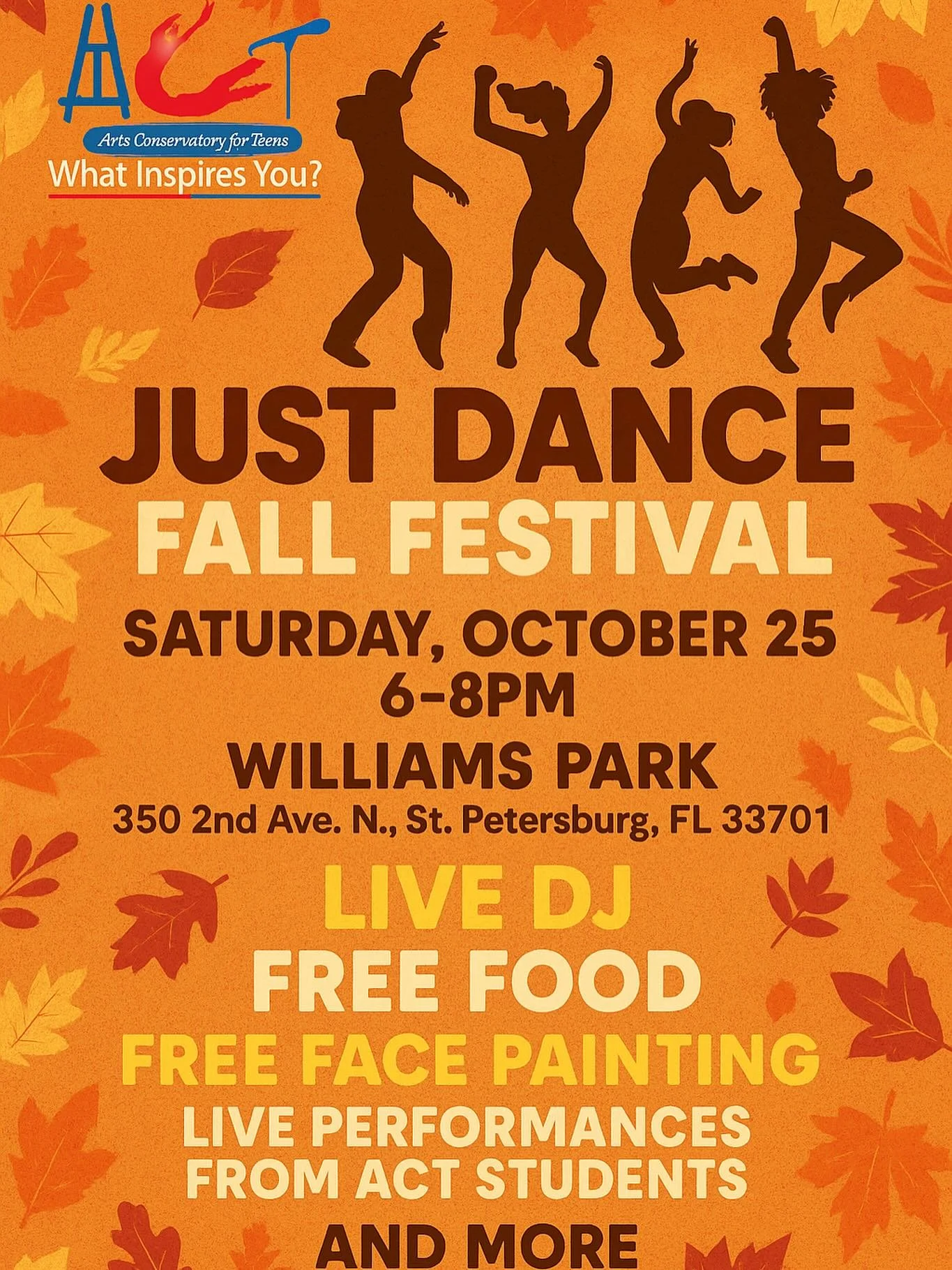 🎉 GIANT DANCE PARTY ALERT! 🎉

This Saturday, October 25th, we&rsquo;re turning Williams Park in St. Petersburg into one BIG celebration for our &ldquo;Just Dance&rdquo; Fall Festival! 💃🕺

Get ready for:
🎧 A LIVE DJ bringing all the vibes
🌭 FREE