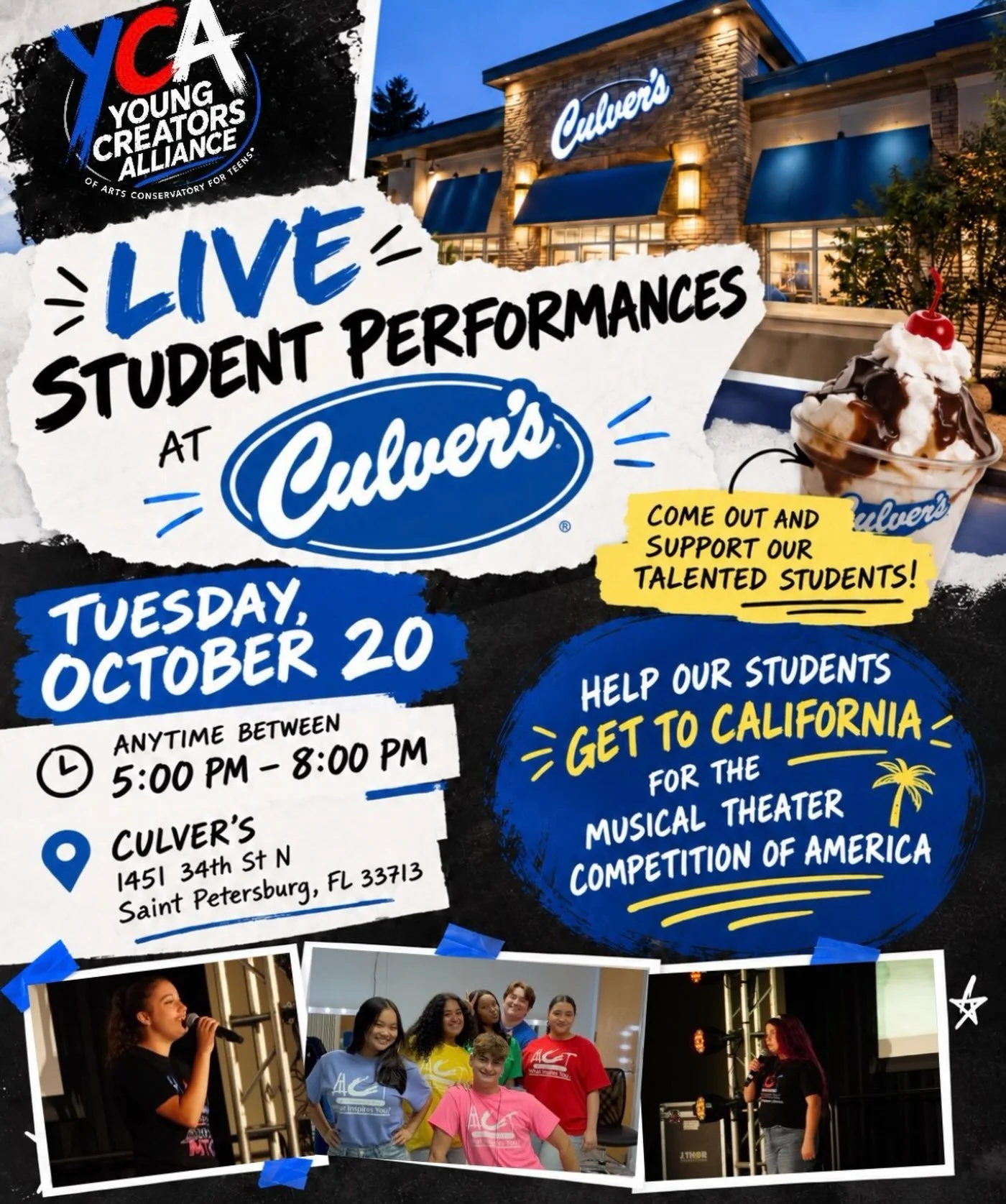 We&rsquo;re back at @culvers !! Join us for dinner tomorrow evening!

Our Young Creators Alliance students are working hard to get to California for the Musical Theater Competition of America (MTCA), and every bit of support helps bring that dream cl