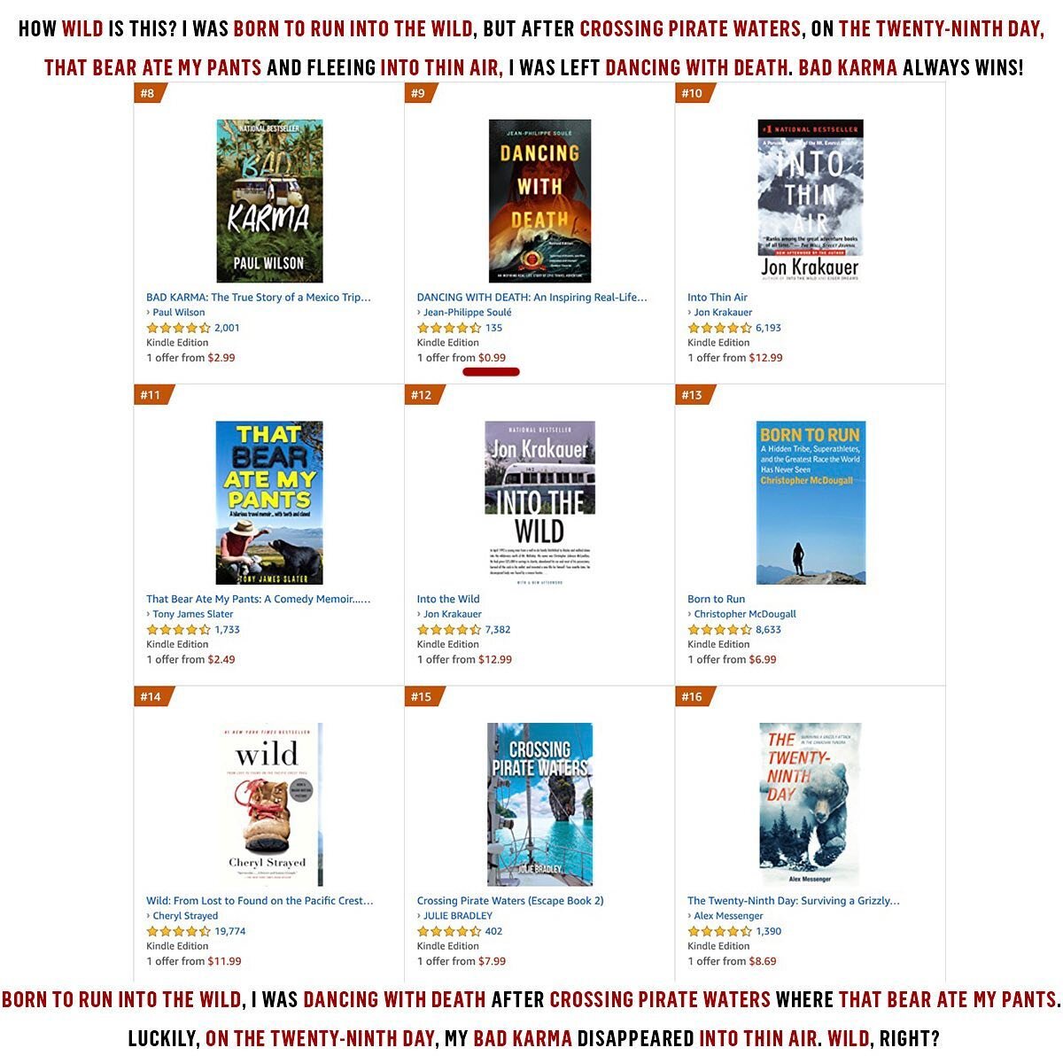Dancing with Death is in fine company in Adventure-Travel Best Sellers. Check out these word puzzles:

How Wild is this? I was Born to Run Into the Wild, but after Crossing Pirate Waters, on The Twenty-Ninth Day, That Bear Ate My Pants and fleeing 