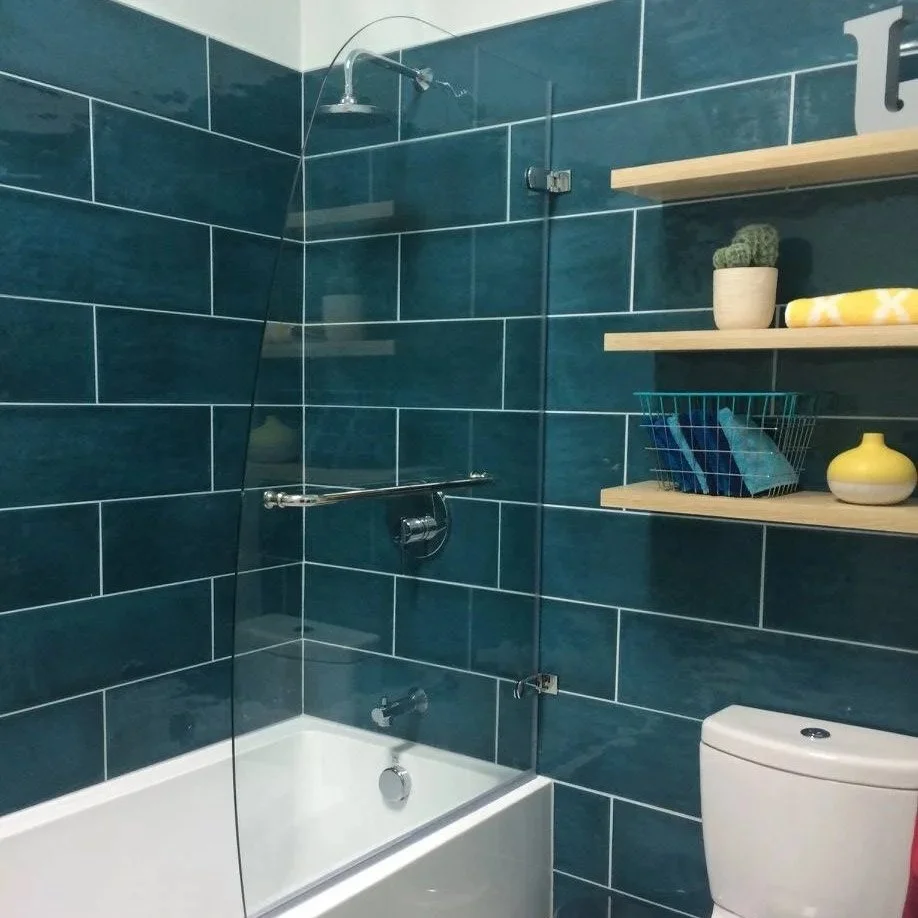 Small bathroom renovation teal subway tile bathtub North Shore MA