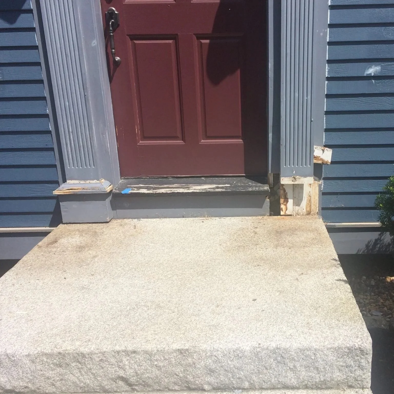 Exterior carpentry and painting front entry waterfront home North Shore MA