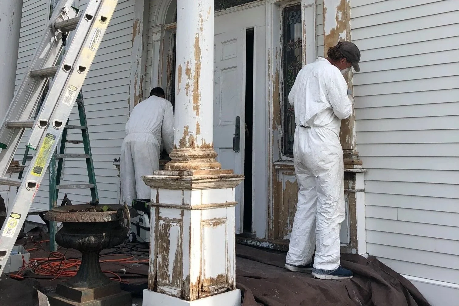 Historic column restoration in progress Hampton Historical Society NH — Albion Contracting