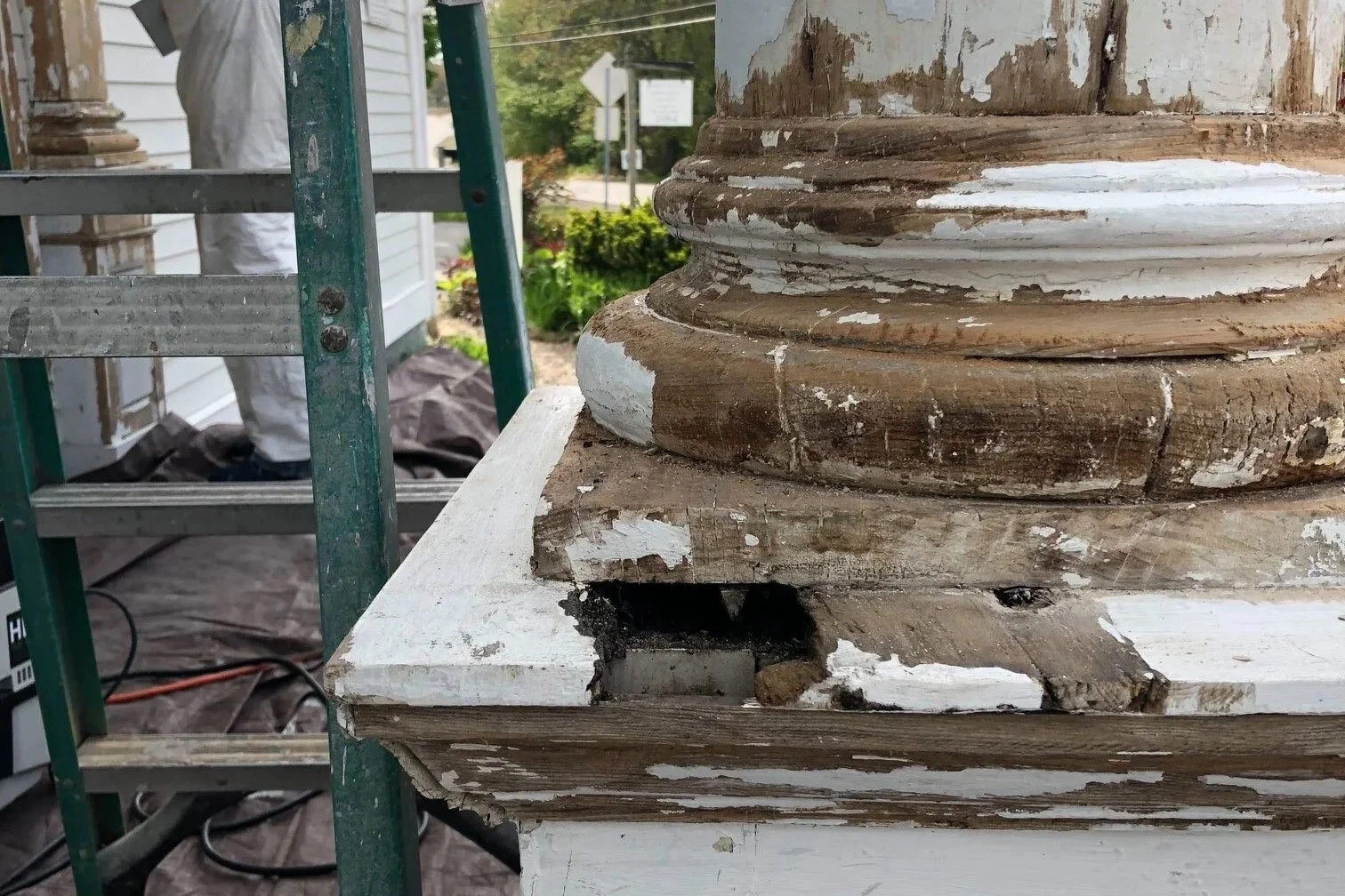 Historic portico column restoration before Hampton NH