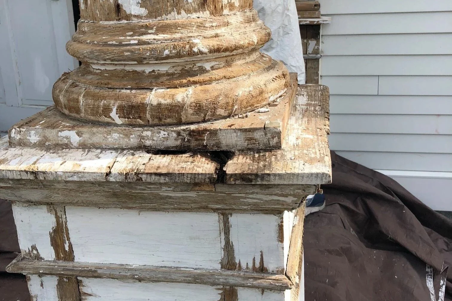 Historic column base wood rot repair Hampton Historical Society NH