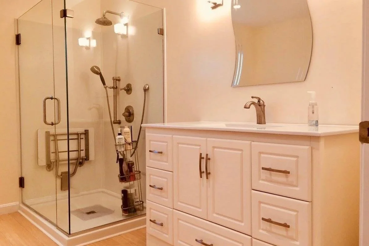 Accessible bathroom remodel double vanity North Shore MA — Albion Contracting