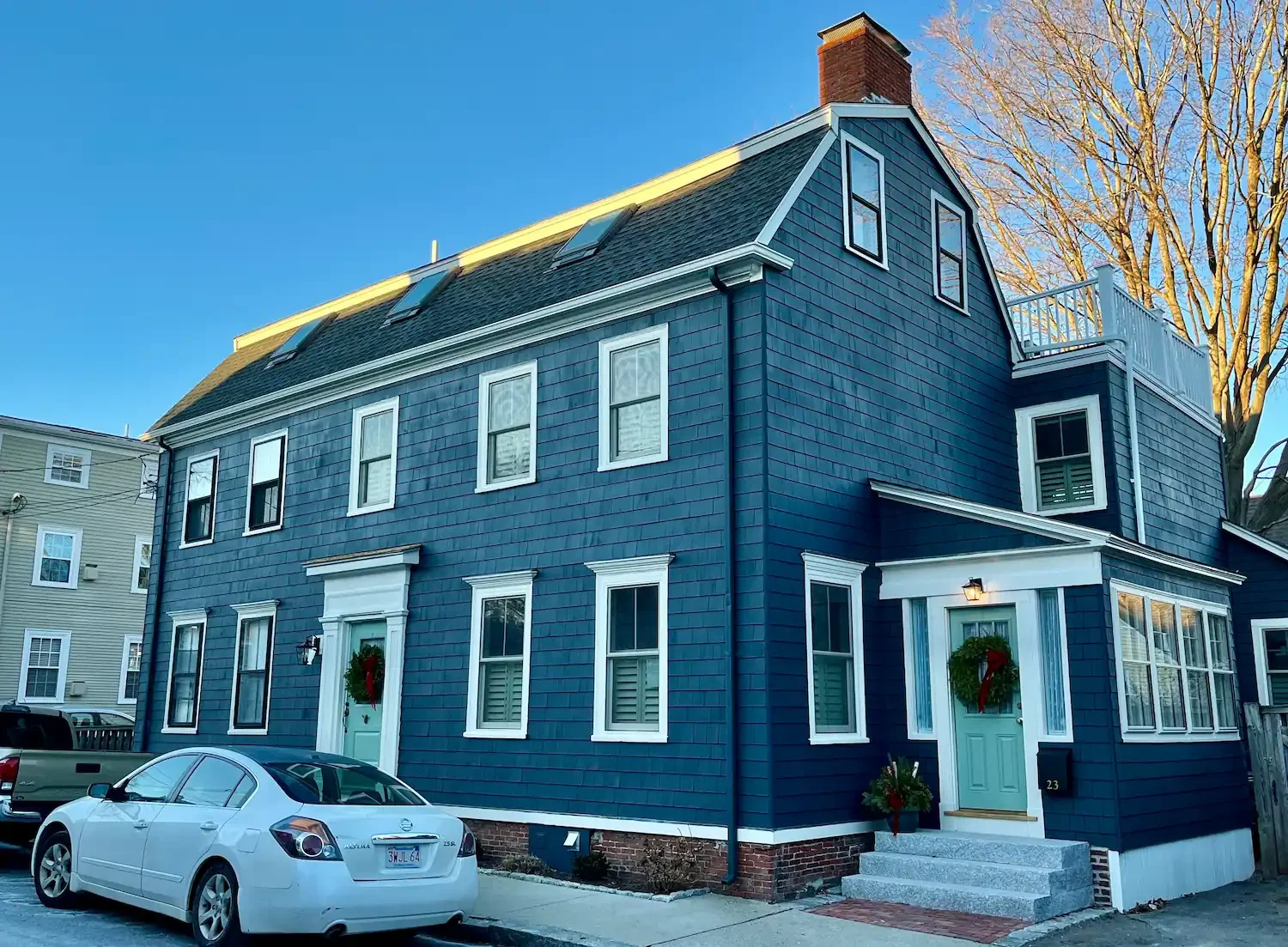 Navy shingle colonial exterior painting Newburyport MA