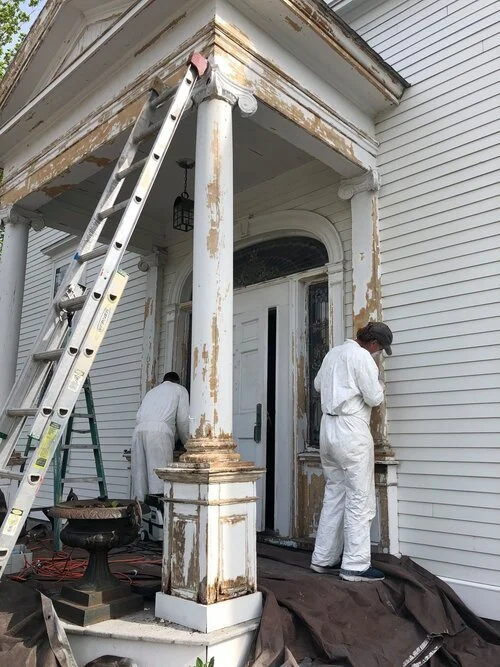 restoring the front porch of an historic church in Hampton falls.  Intricately detailed porch column, lead  paint on the column and trim