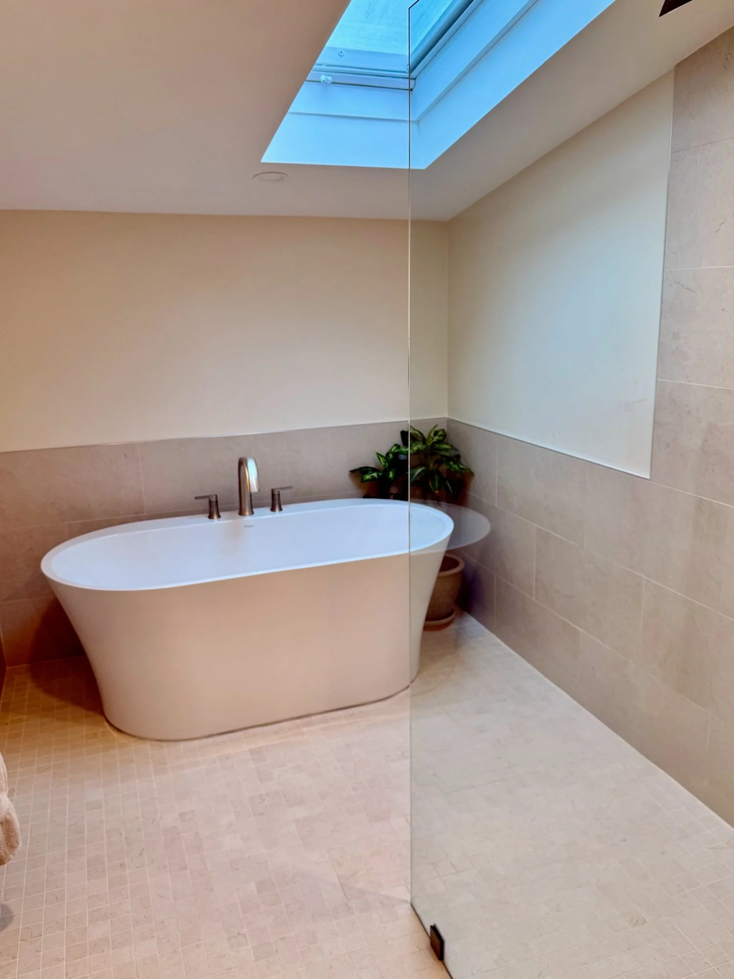 bathroom-renovation-freestanding-soaking-tub-skylight-north-shore-ma