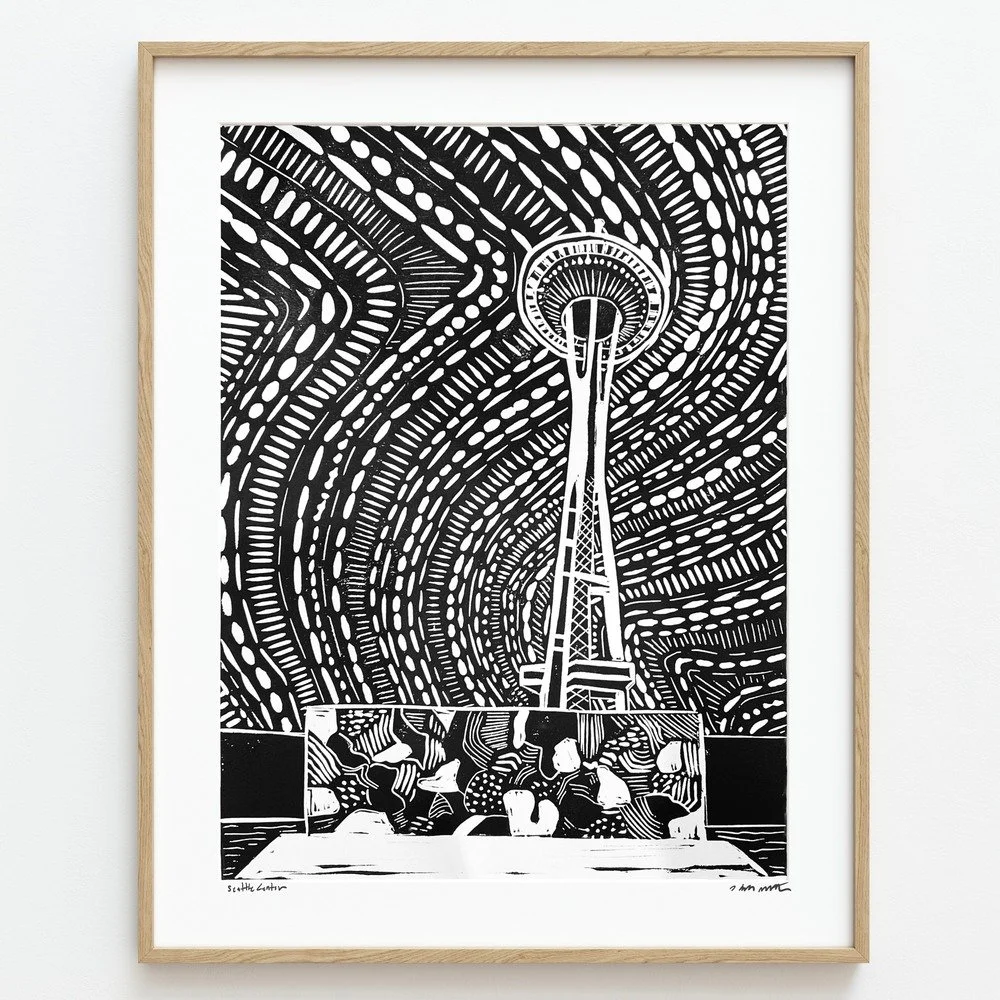 Seattle Center - Space Needle Linocut 12x9