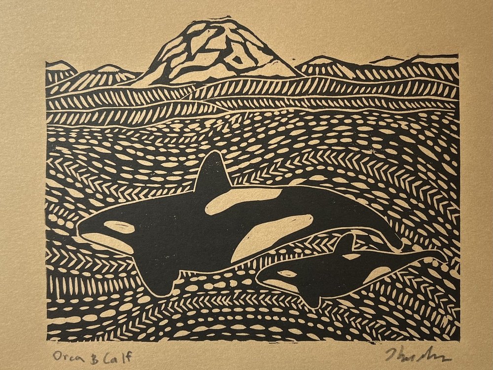 Orca and Calf, 6x7 Linocut